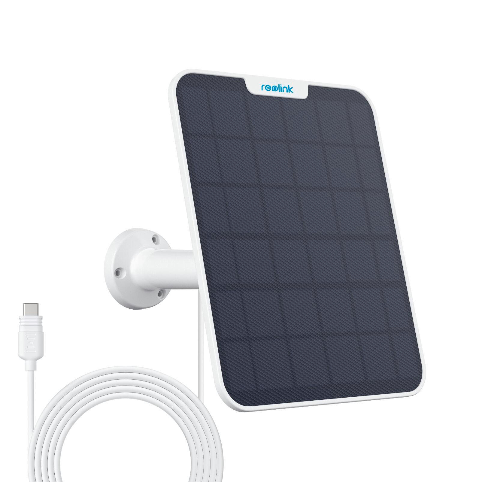 Reolink Solarpanel für Überwachungskamera. Weißer Rahmen und Kabel. Das Panel ist schwarz. Weißer Hintergrund.