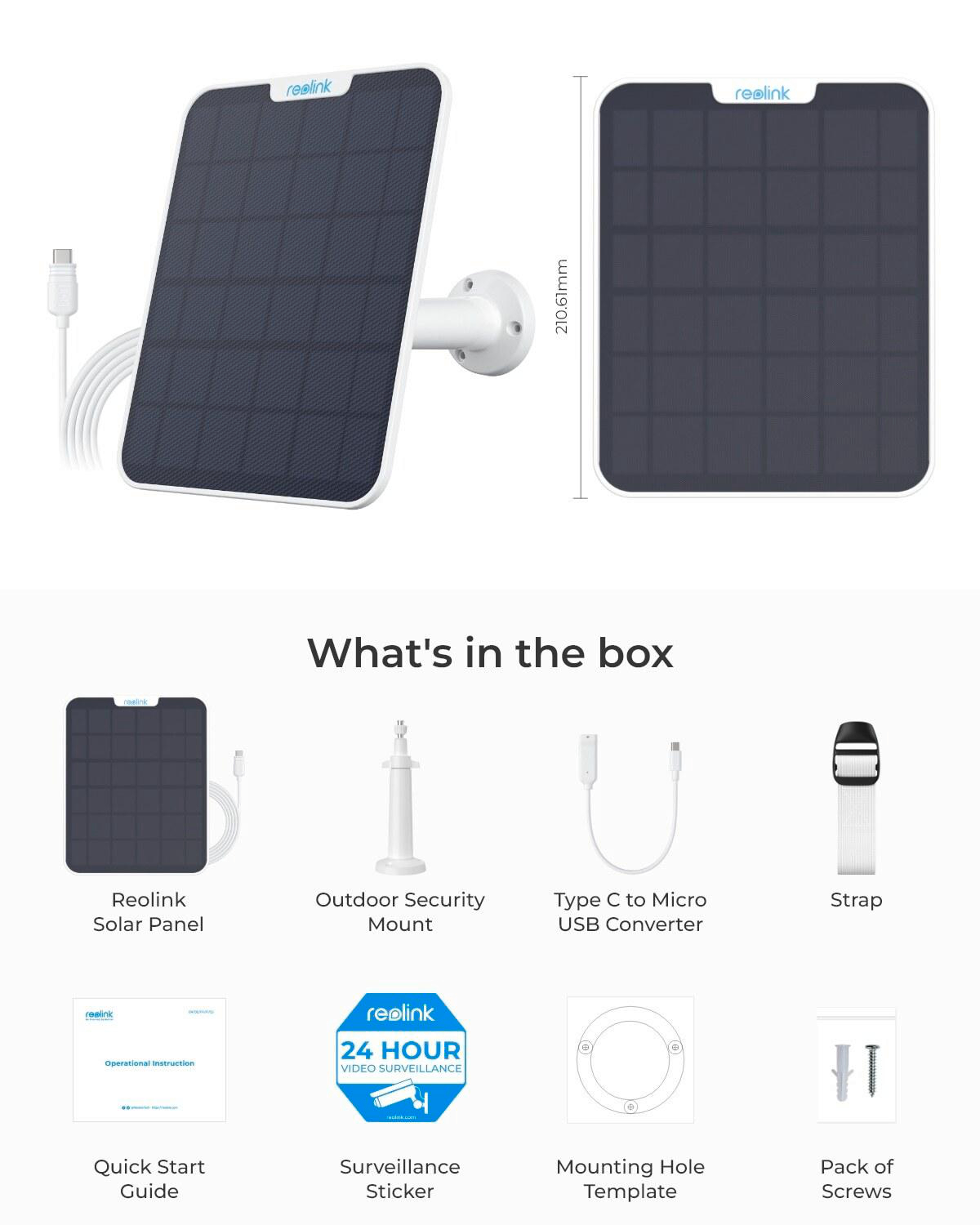 Solarpanel mit Halterung und Zubehör. Enthält ein kleines Panel, Halterung, Kabel und Schrauben.