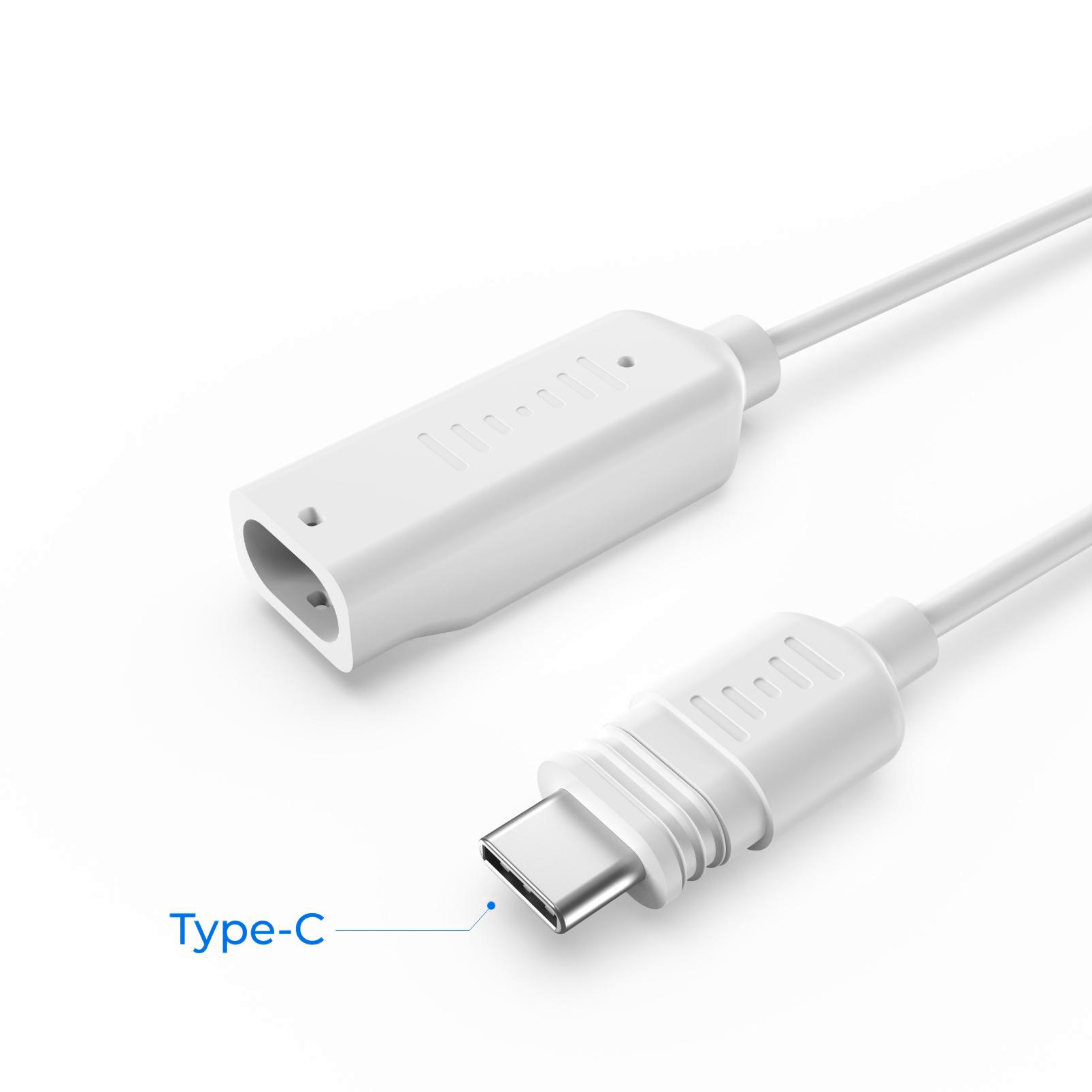 Weißes USB-C-zu-USB-Adapterkabel, Nahaufnahme auf weißem Hintergrund.