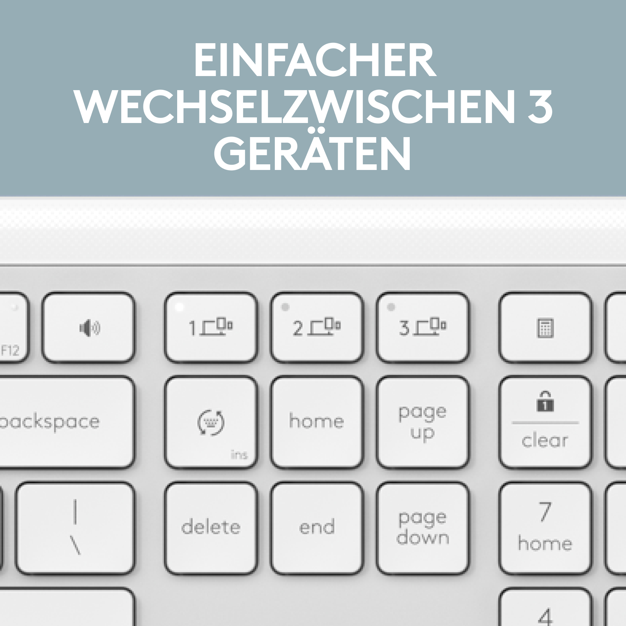 Nahaufnahme einer Tastatur mit den Worten 'EINFACHER WECHSEL ZWISCHEN 3 GERÄTEN' darüber.