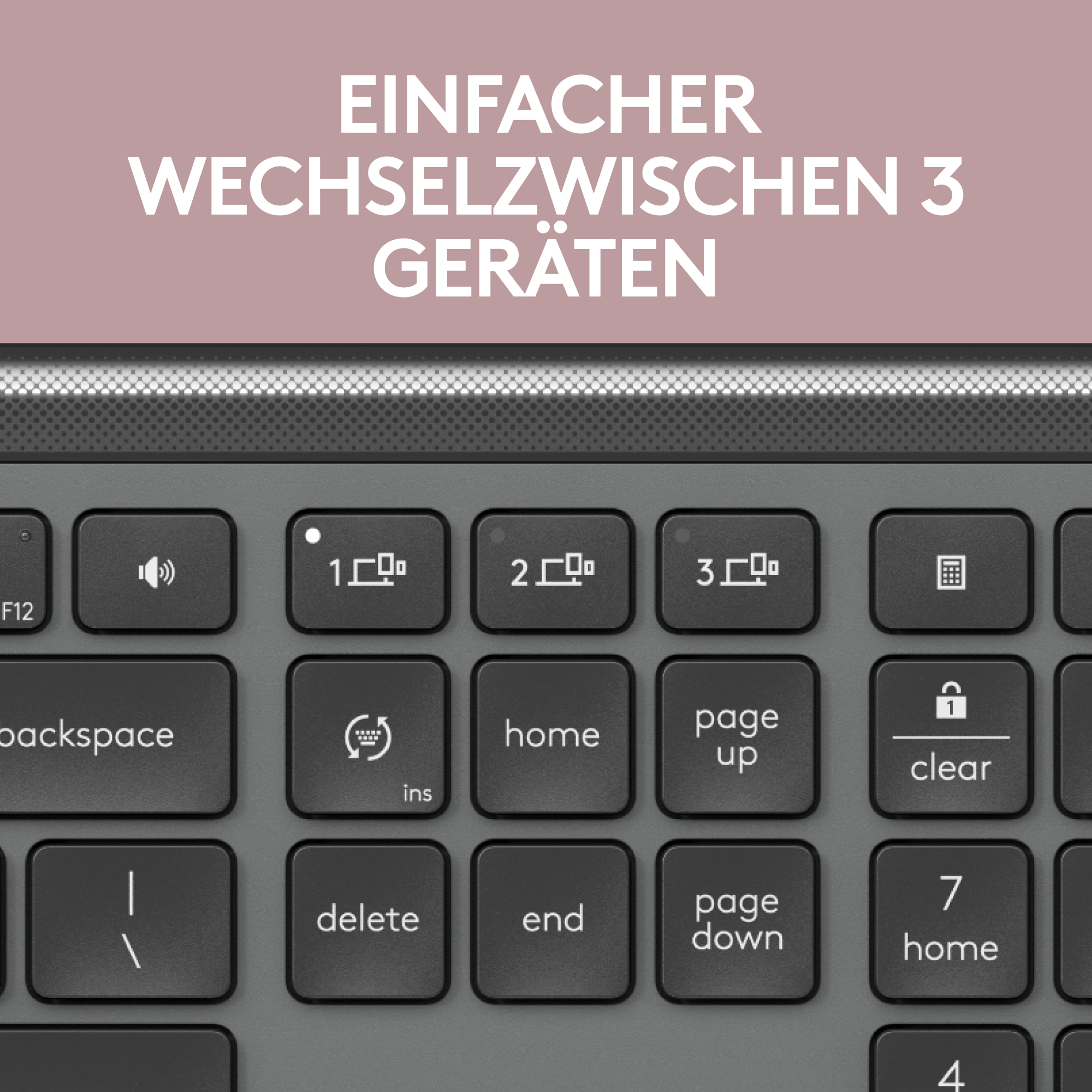 Nahaufnahme einer Tastatur mit Tasten zur Umschaltung zwischen Geräten.