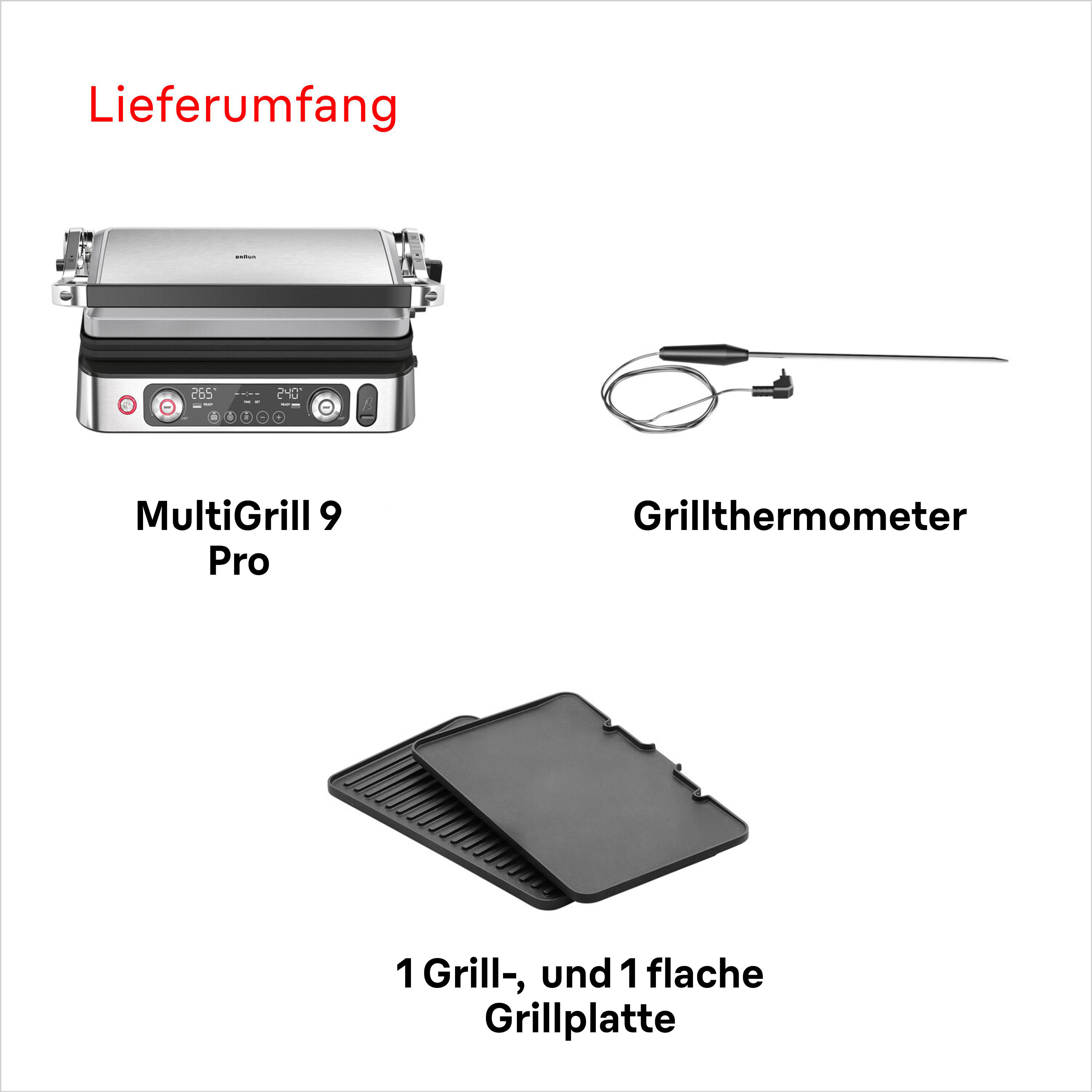Grill mit Zubehör: Thermometer und Grillplatten. Produkte werden auf weißem Hintergrund angezeigt.