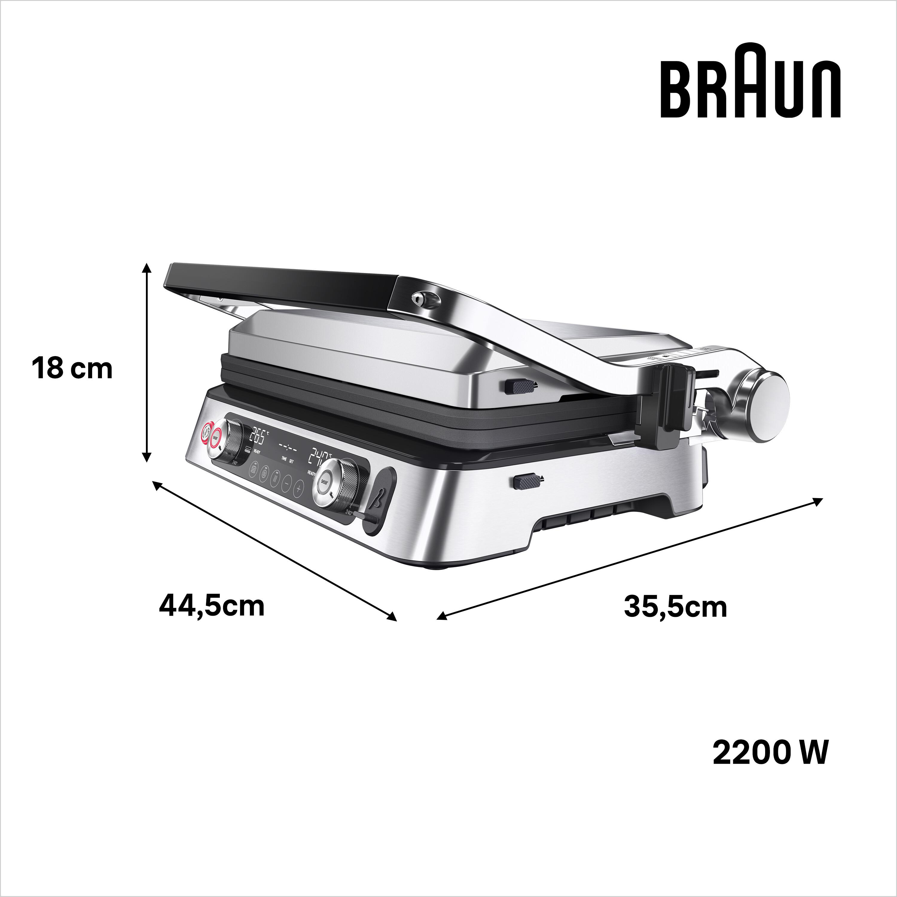 Ein silberner Braun-Grill mit Abmessungen und Braun-Logo.