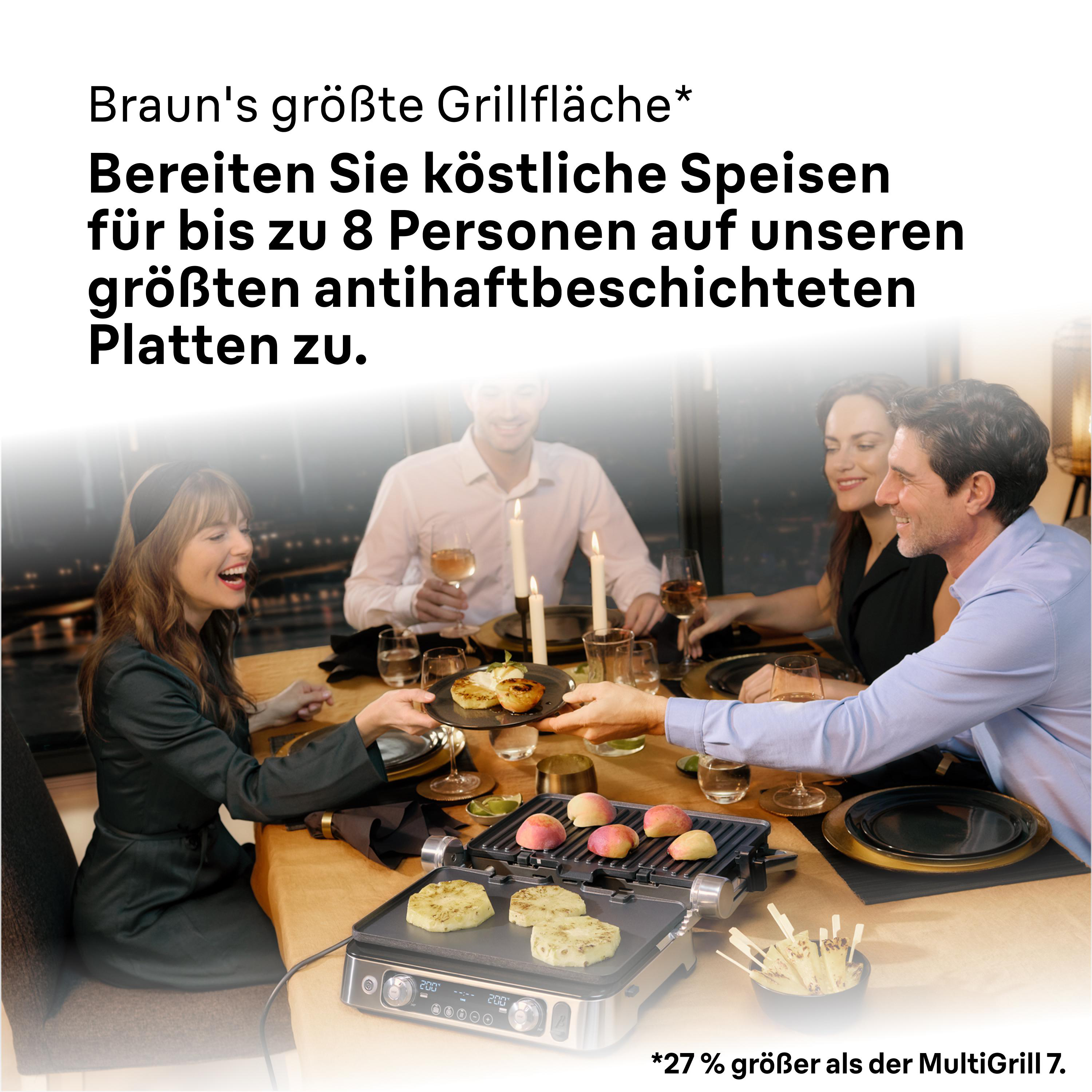Leute am Grill, kochen Essen. Teller mit Essen werden herumgereicht. Kerzen und Getränke auf dem Tisch.