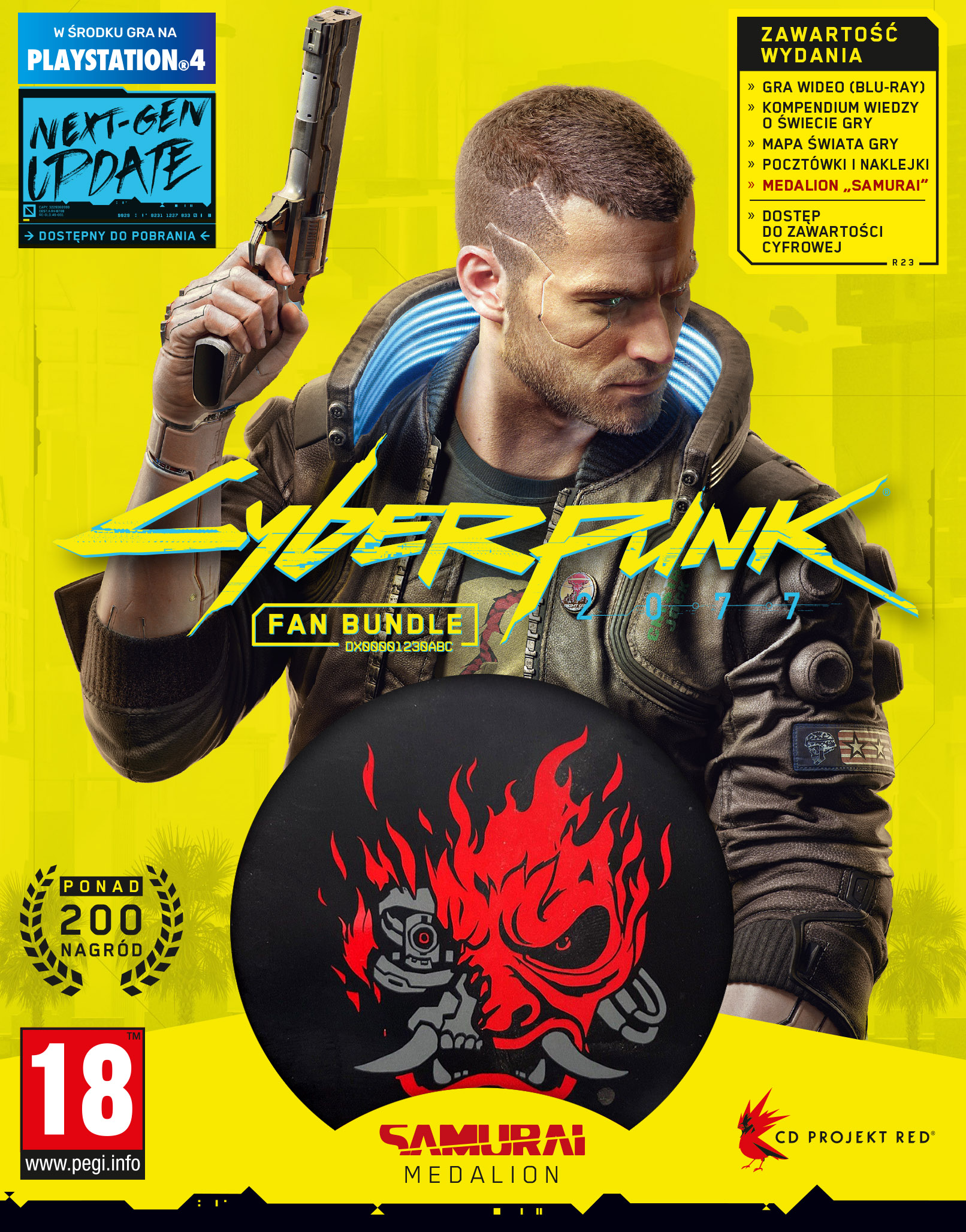 Okładka gry Cyberpunk 2077 przedstawiająca mężczyznę z bronią, z logo gry i innymi elementami.