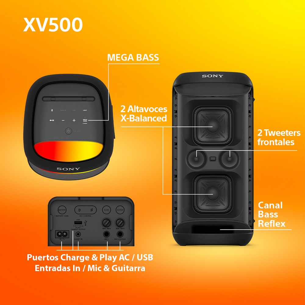 Altavoz negro con etiquetas. Frontal con altavoces y trasera con puertos.