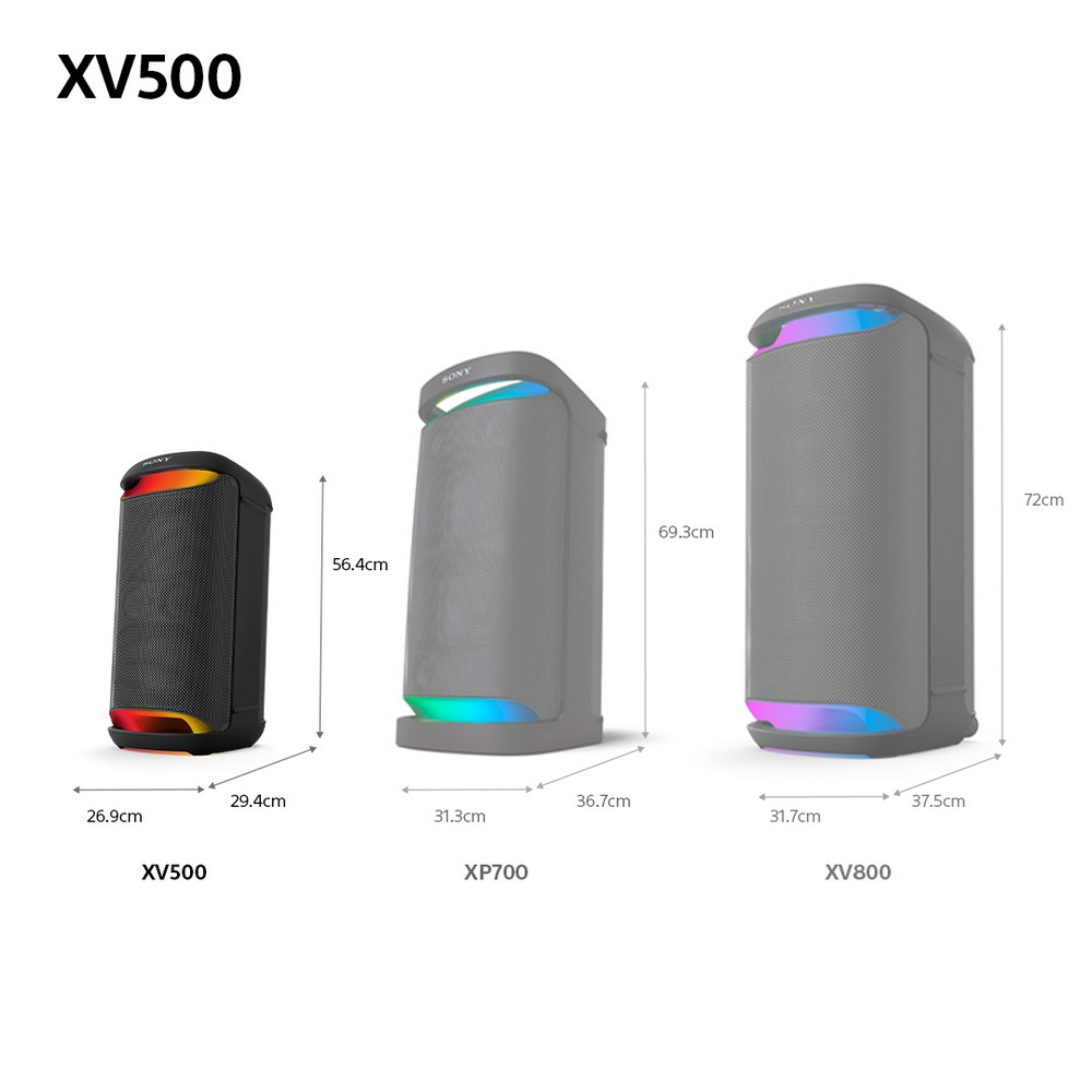 Tres altavoces: XV500, XP700 y XV800. XV500 es negro, XP700 es gris y XV800 es gris. Dimensiones mostradas.