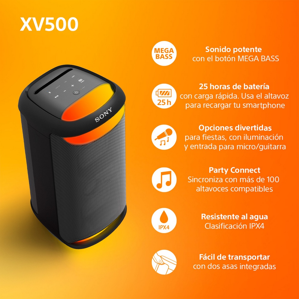 Altavoz Sony XV500 con luces naranjas. Texto describe funciones como batería y resistencia al agua.