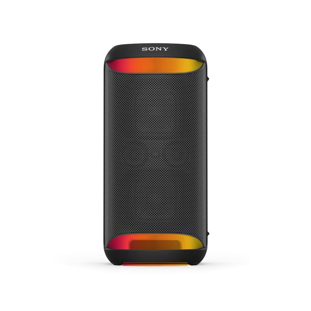 Altavoz Sony negro y gris con frontal de malla, acentos de luz coloridos y el logotipo de Sony.