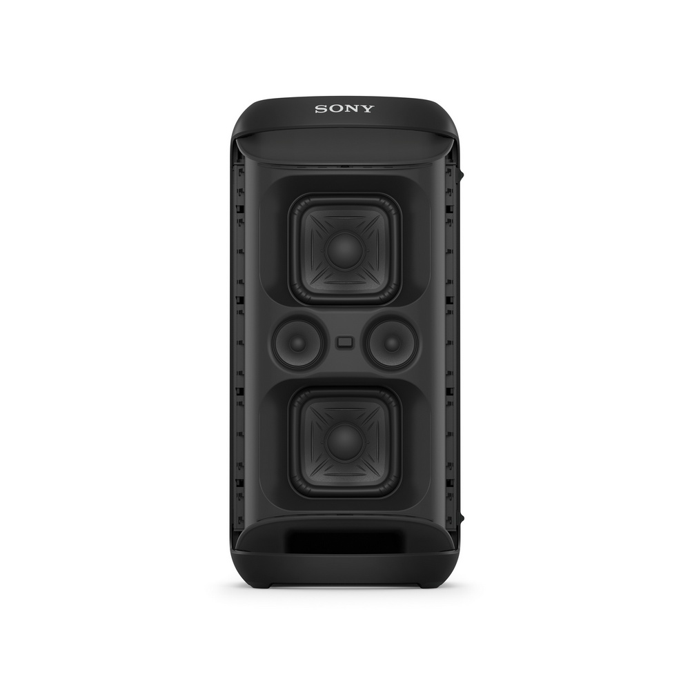 Altavoz Sony negro, vista frontal, con dos altavoces grandes y uno más pequeño.