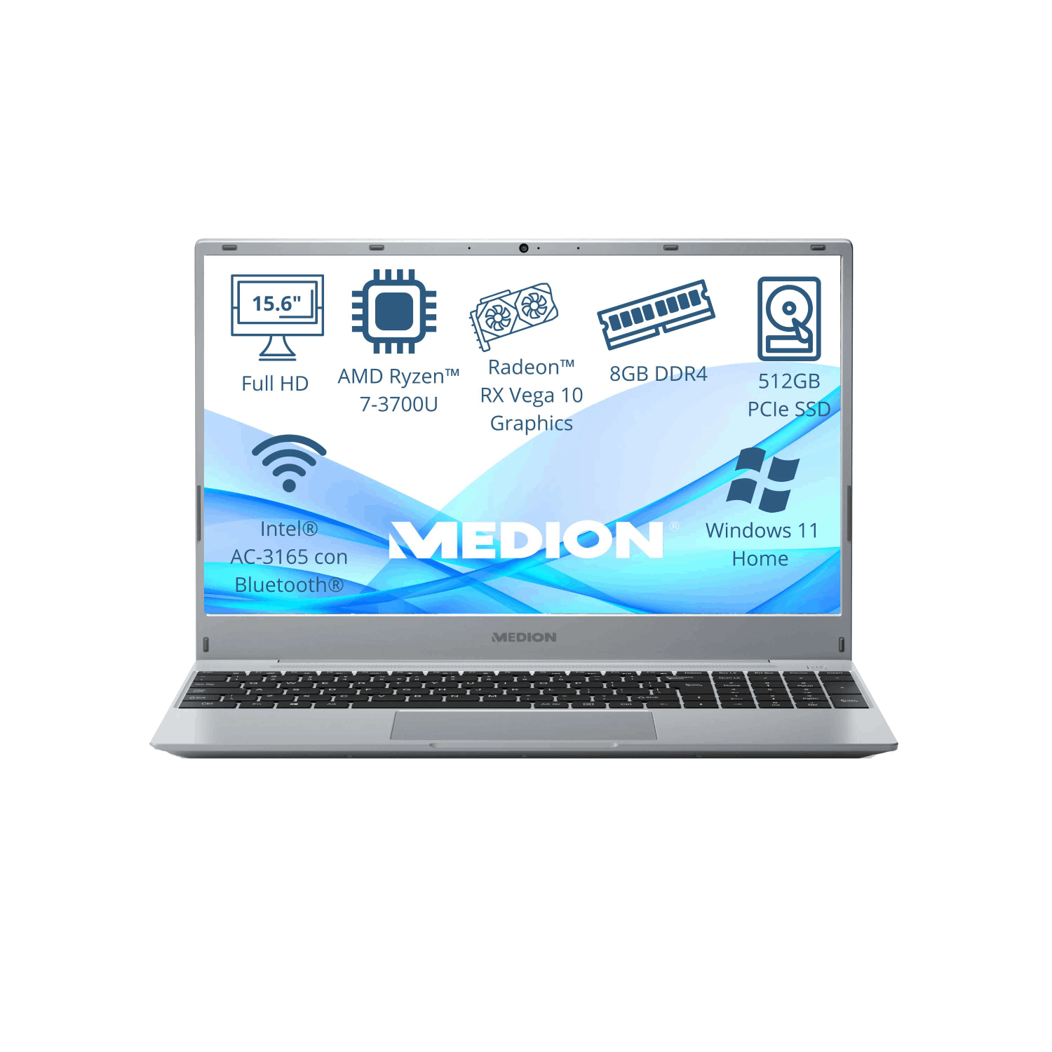 Laptop plateado con pantalla mostrando especificaciones: AMD Ryzen, Radeon, 8GB, 512GB SSD.