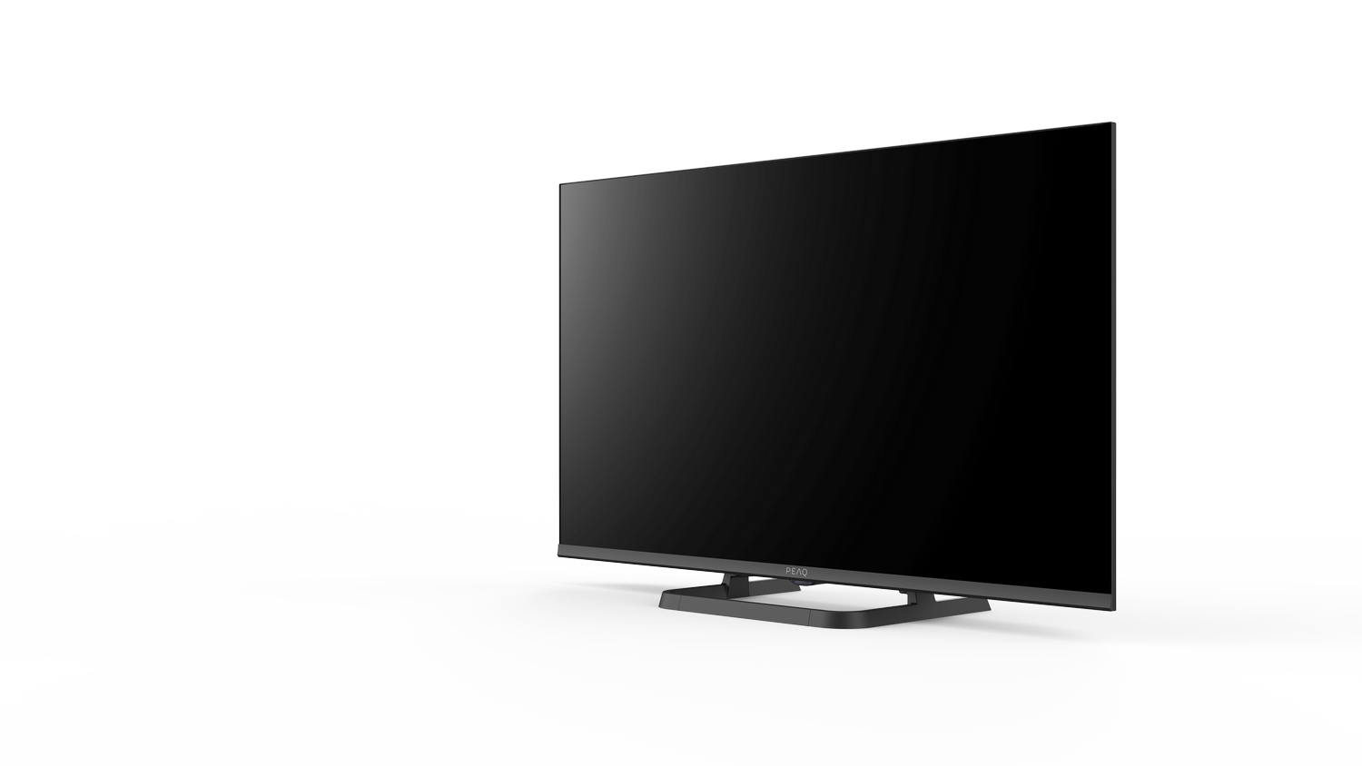 Un televisor de pantalla plana grande se muestra sobre un fondo blanco. La pantalla es negra, mostrando el marco.