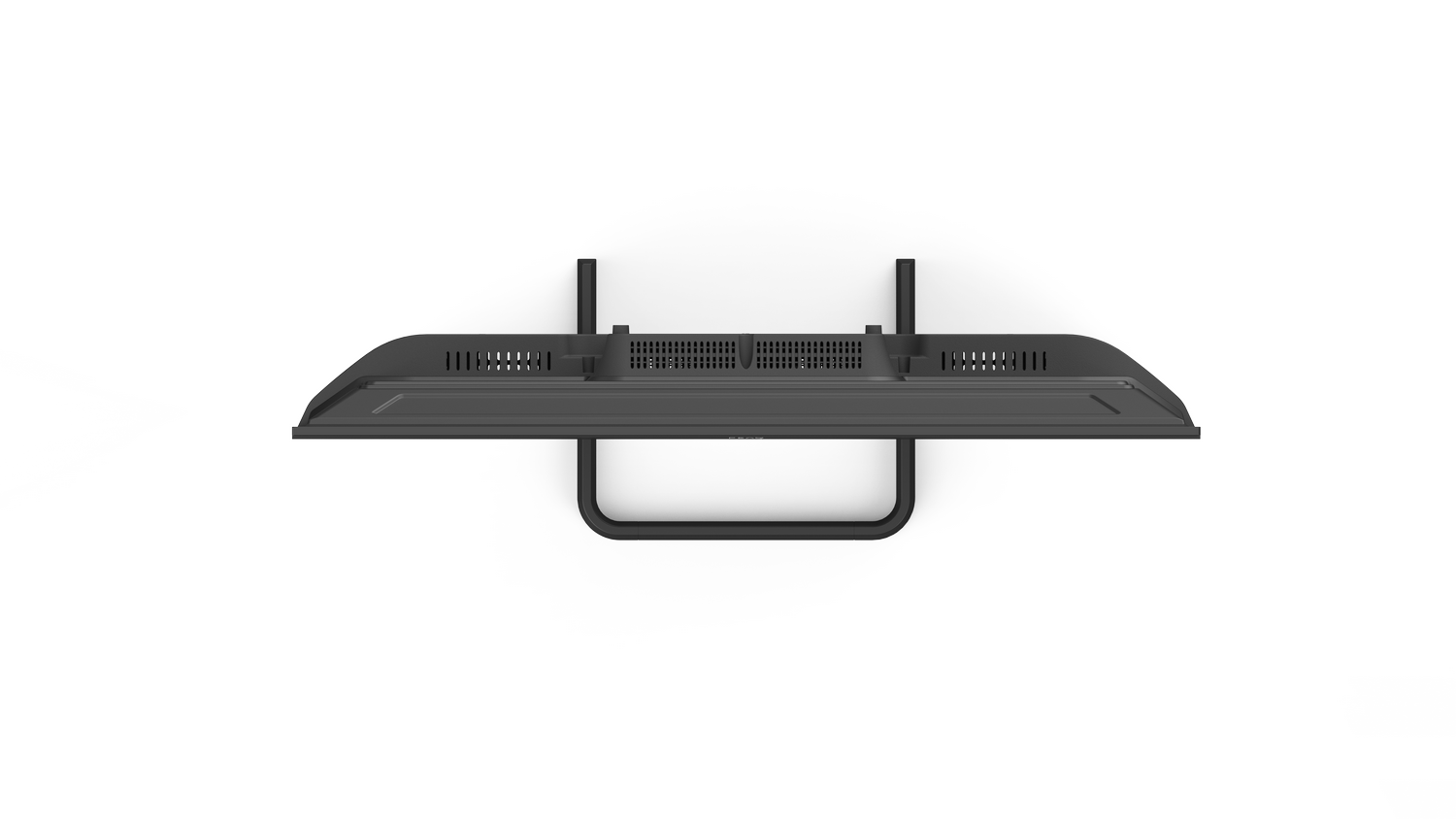 Vista superior de un televisor negro en un soporte de pared sobre un fondo blanco.