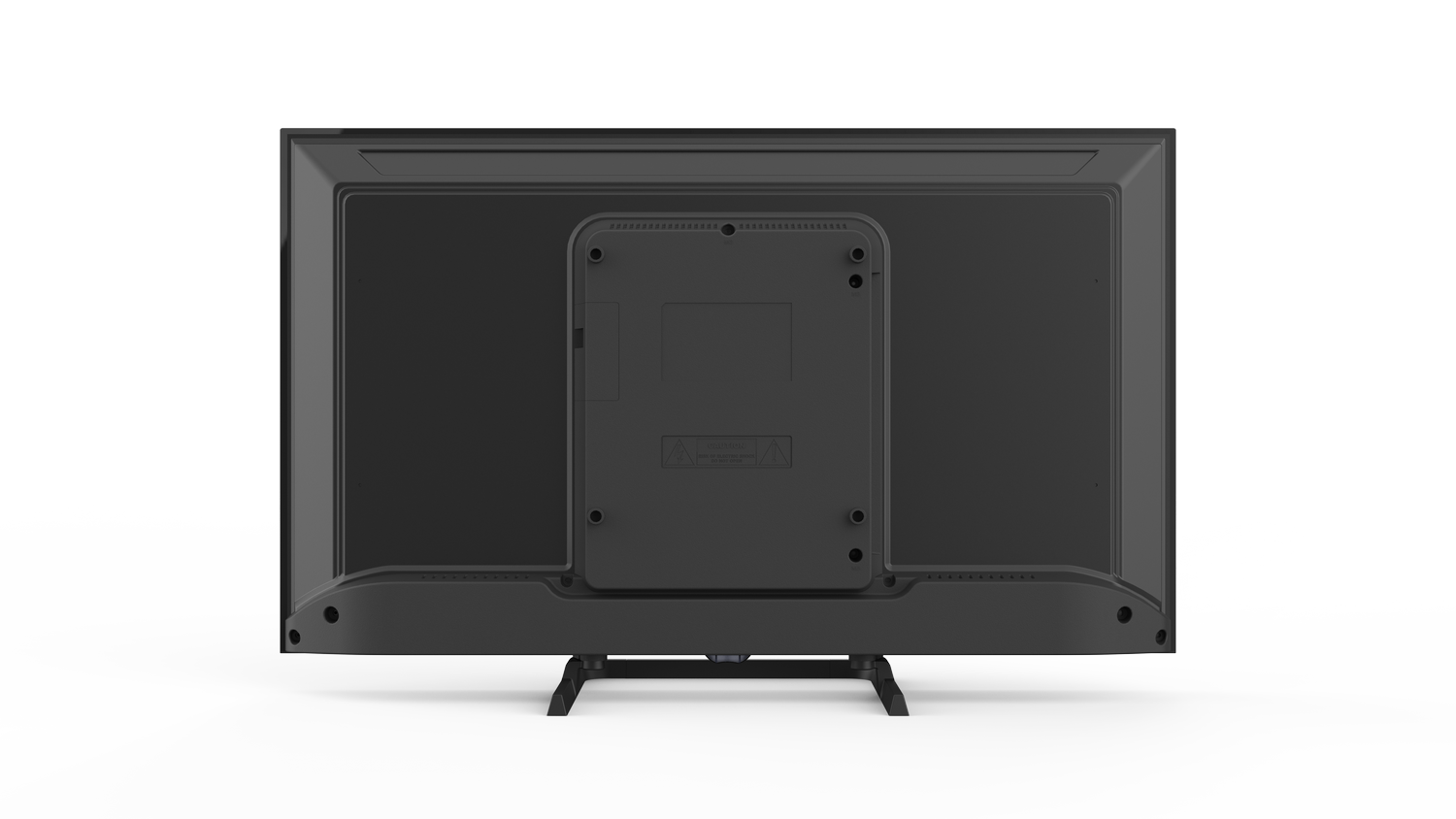 La parte trasera de un televisor negro sobre un soporte. Tiene un panel en el medio con puertos de conexión.