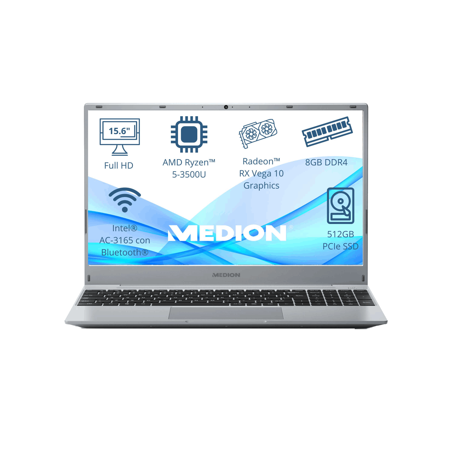Portátil - Medion Akoya MD62428, 15.6 " Full HD, AMD Ryzen™ 5 3500U, 8GB RAM, 512GB SSD, Radeon™ RX Vega 10, Sin sistema operativo