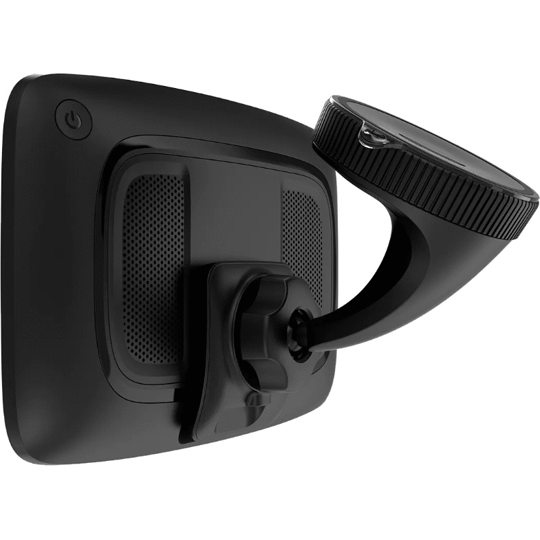 Dispositivo GPS negro con soporte de ventosa, inclinado a la derecha.