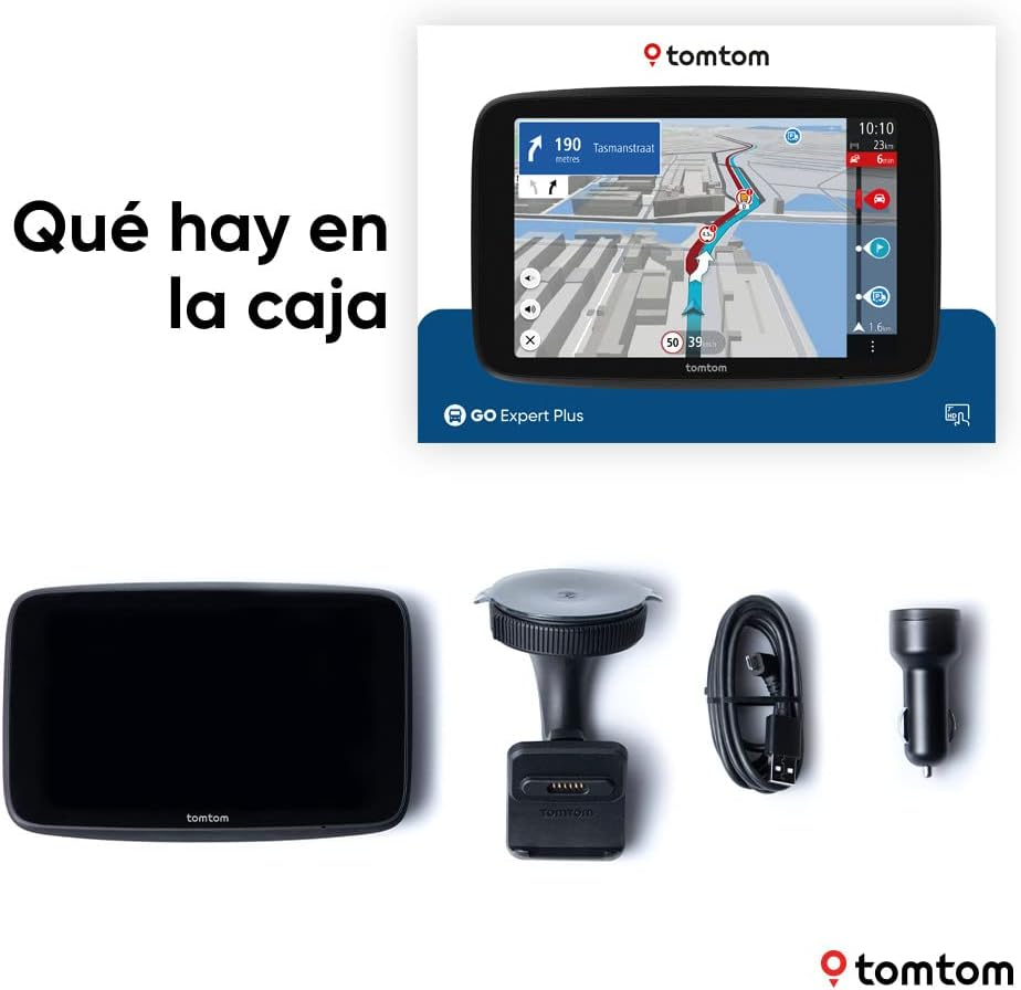 Dispositivo GPS TomTom y accesorios: soporte, cargador y cable.