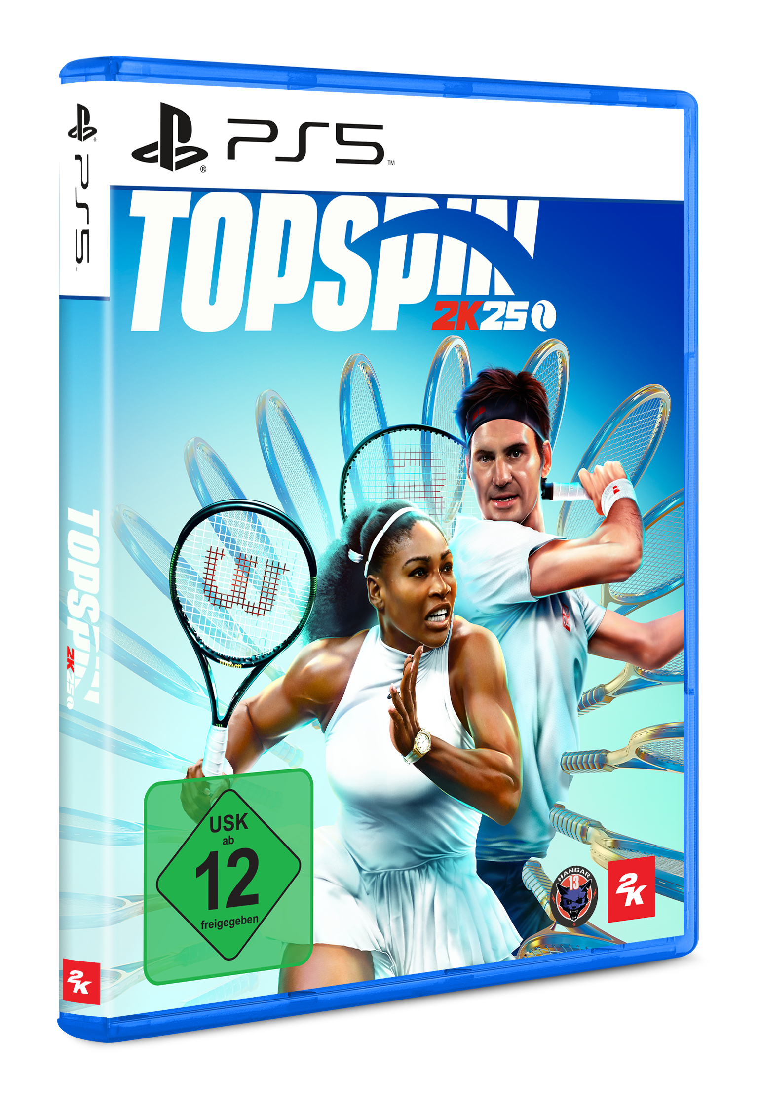 PS5-Spielbox von TopSpin 2K25 mit den Tennisspielern Serena und Roger.