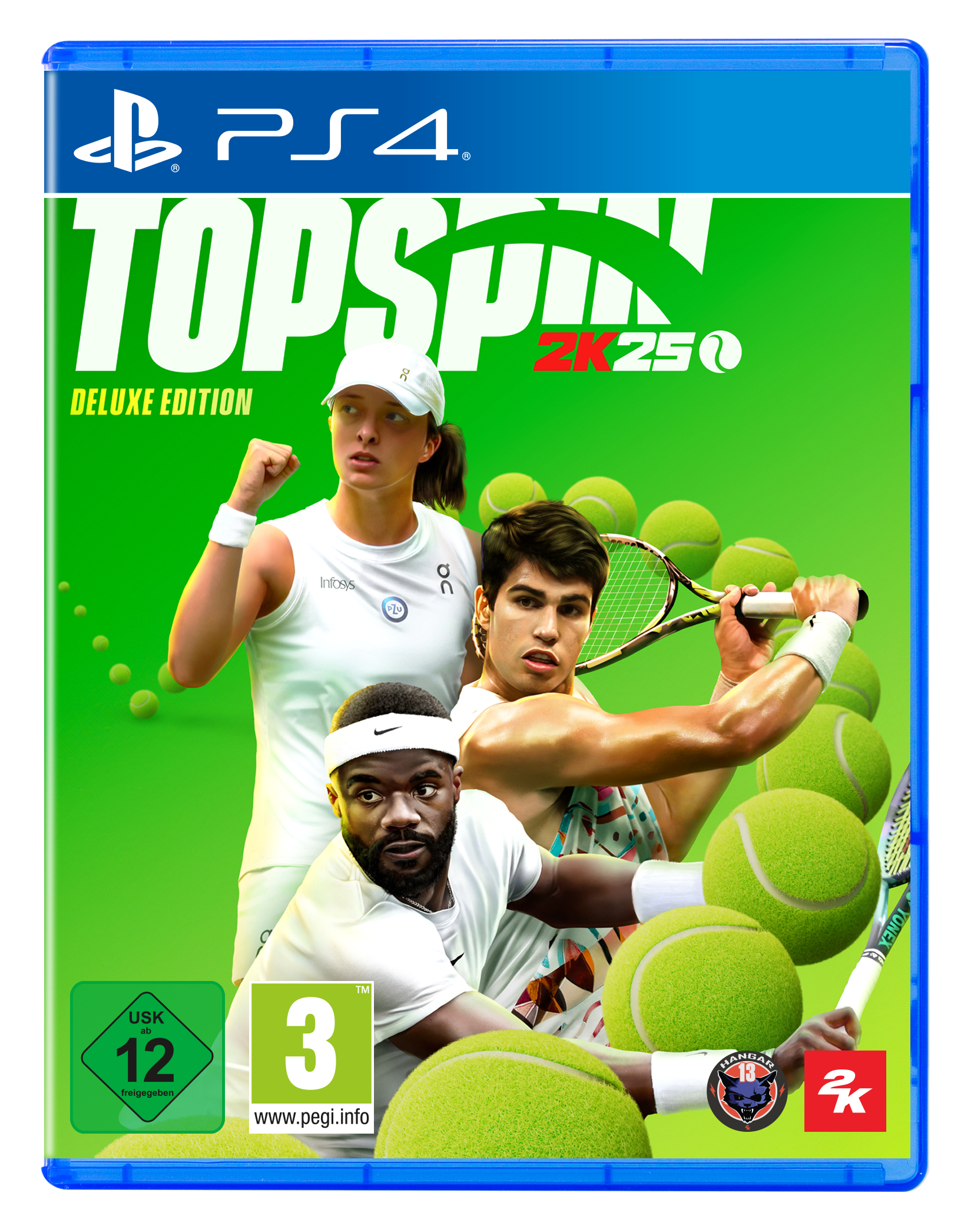 PS4-Spielcover. Topspin 2K25 Deluxe Edition. Tennisspieler auf grünem Hintergrund.