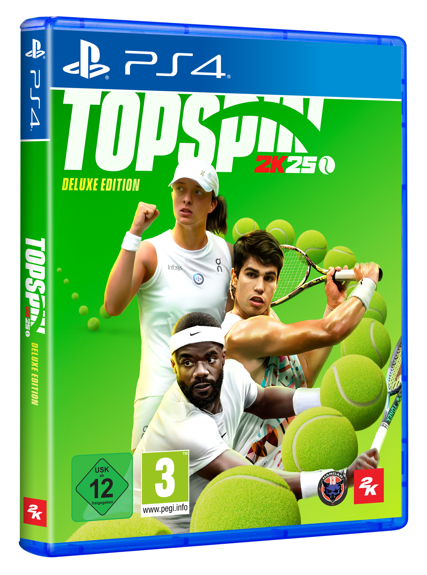 PS4-Videospielhülle mit Tennisspielern, Bällen und Text.