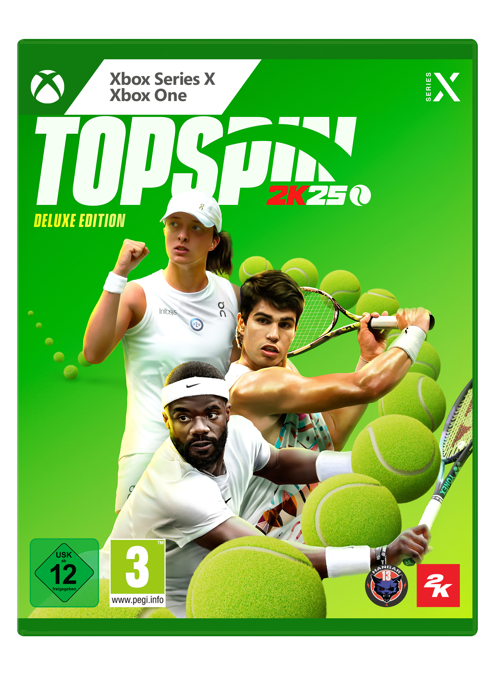 TopSpin 2K25 Deluxe Edition-Spielcover. Enthält drei Tennisspieler, Tennisbälle und einen grünen Hintergrund.