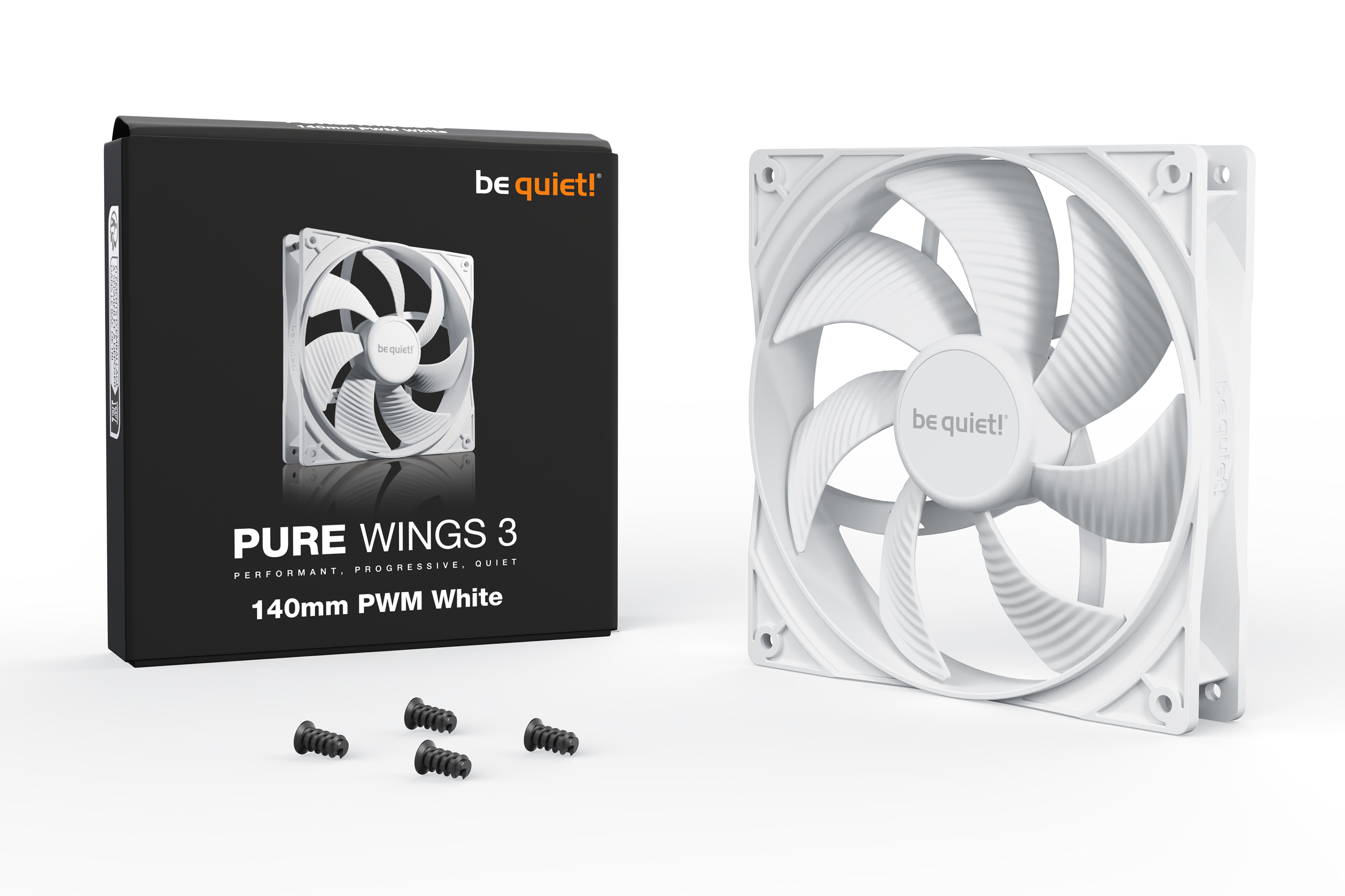 Eine Box mit einem weißen Computerlüfter und Schrauben. Der Lüfter ist mit 'be quiet!' beschriftet.