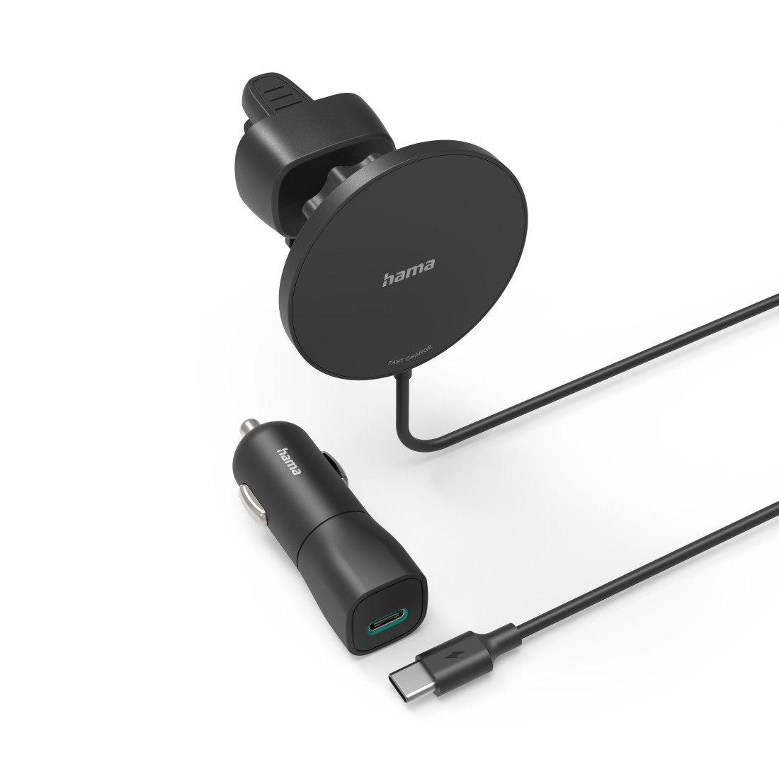 Ein schwarzes Autoladegerät und eine Telefonhalterung. Das Ladegerät hat einen USB-C-Anschluss und einen grünen Port.
