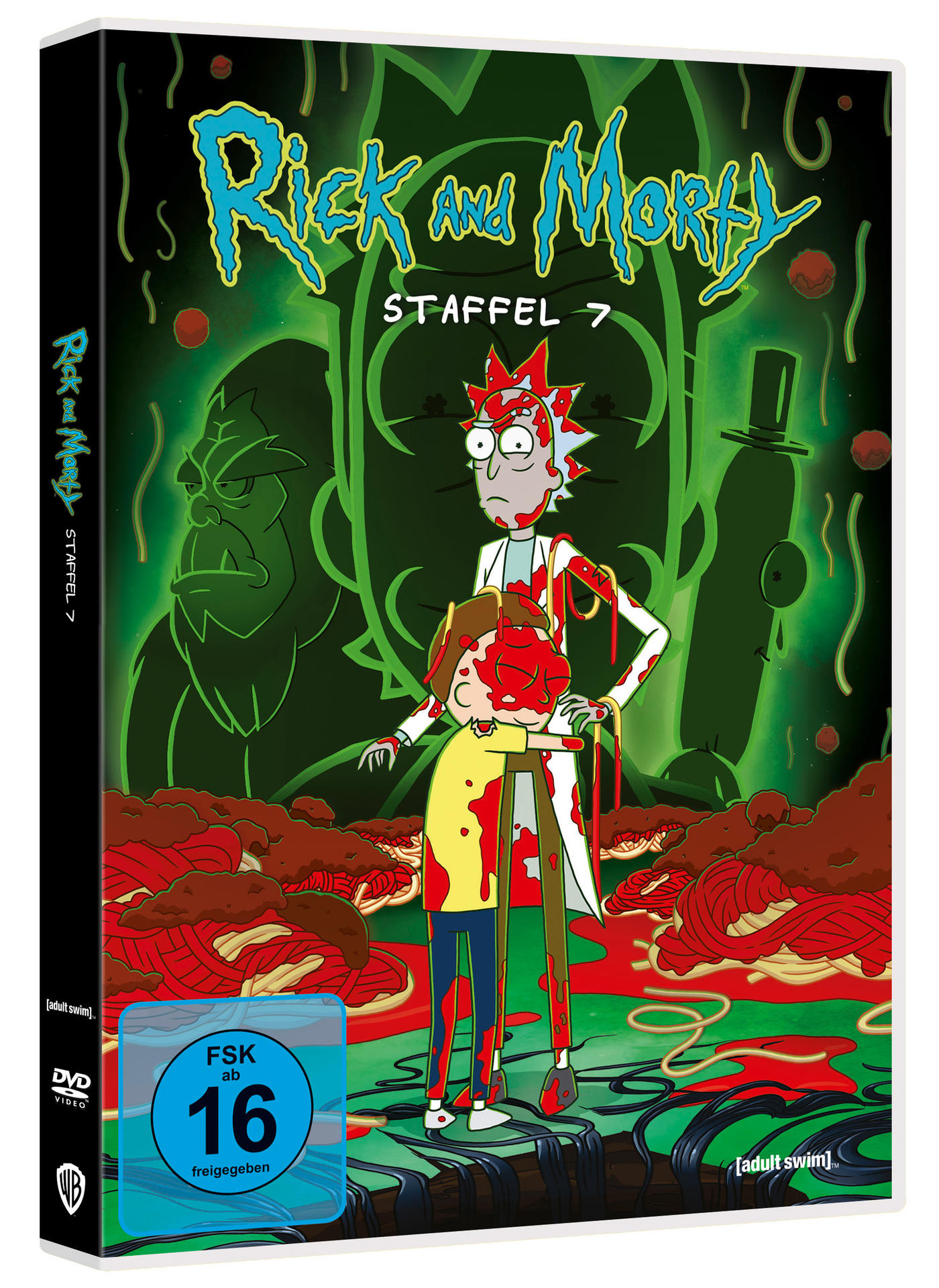 DVD-Hülle für Rick and Morty: Staffel 7. Zeichentrickfiguren und grüner Hintergrund.