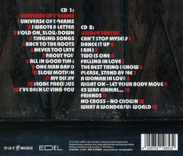 CD-Album-Rückseite mit Titelliste in Rot und Weiß auf strukturiertem, dunklem Hintergrund. e-a-r Music Label.