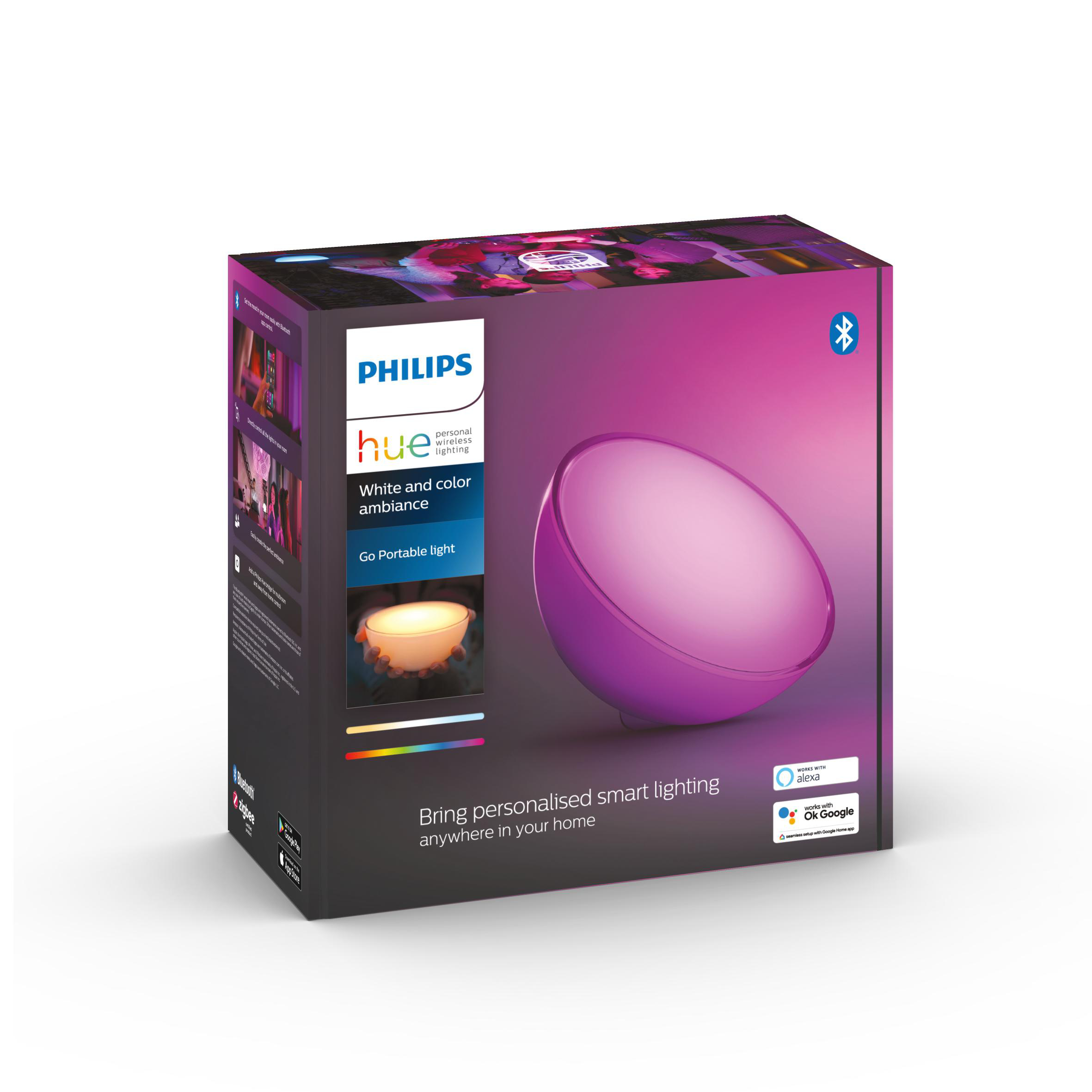 Schachtel mit Philips Hue Smart Light. Die Schachtel ist rosa und lila.