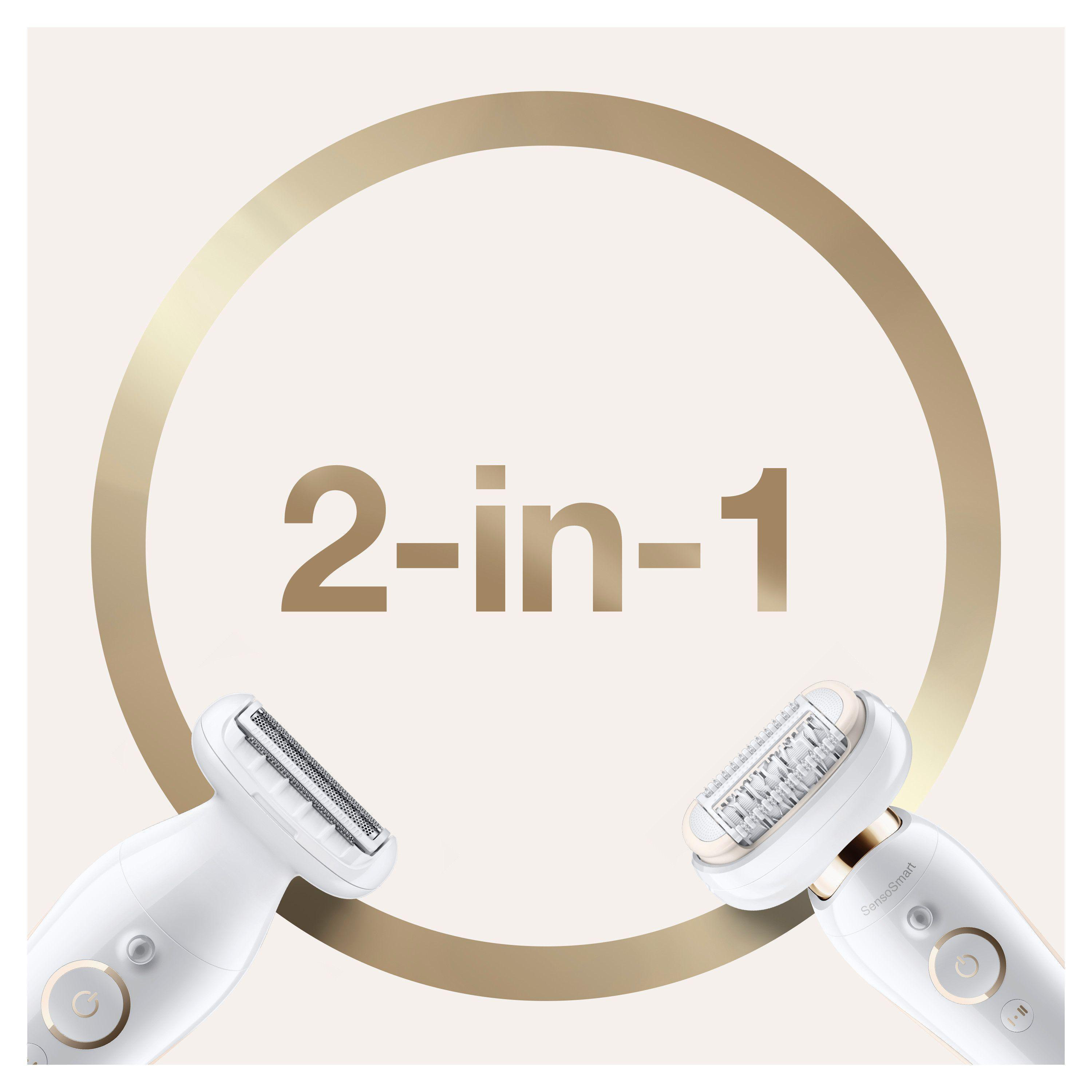 Zwei weiße Epilierer mit dem Text '2-in-1' in Gold darüber, vor einem goldenen kreisförmigen Hintergrund.