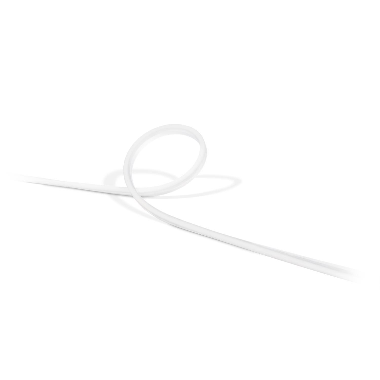 Weißer, flexibler LED-Lichtstreifen, auf weißem Hintergrund gewickelt.