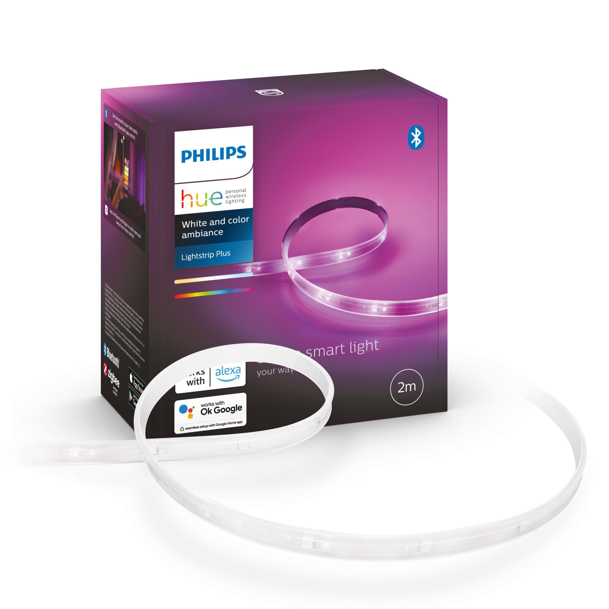 Philips Hue Smart Lightstrip Box mit dem Streifen. Die Box hat Text und Logo.