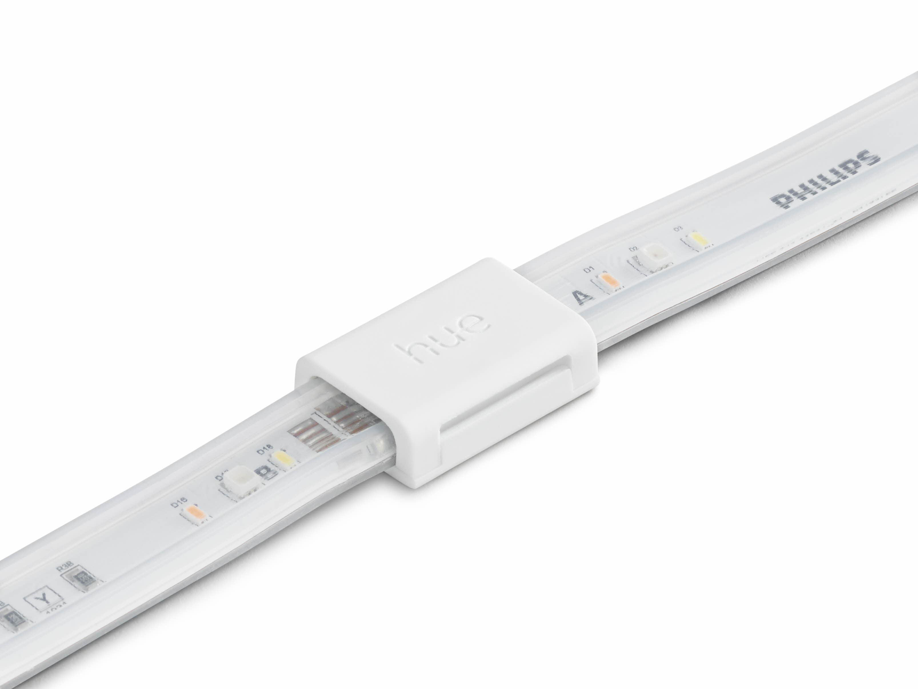 Nahaufnahme eines weißen Philips Hue Lightstrip mit einem Verbindungsstück.