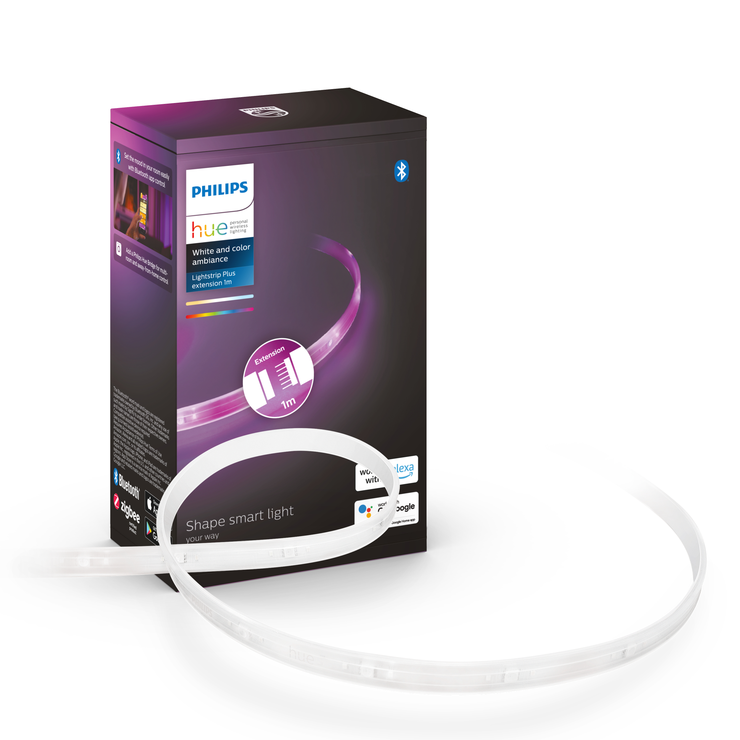 Box mit Philips Hue Smart Light Strip, lila und weiße Farben, Bluetooth-Symbol.