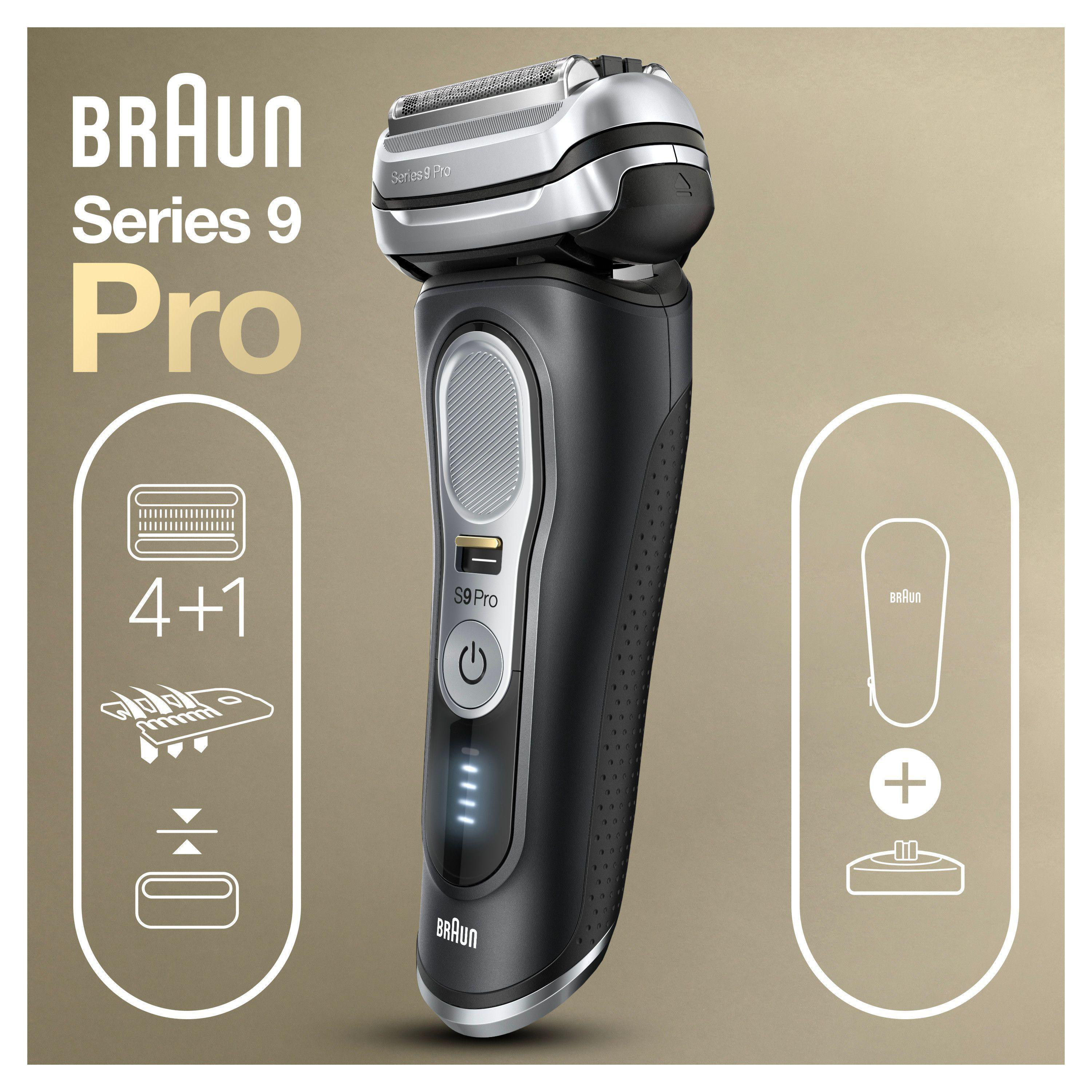Braun Series 9 Pro Elektrorasierer mit Ersatzteilen und Ladestation.