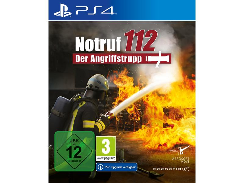 Feuerwehrmann löscht Flammen mit einem Schlauch. PS4-Spielcover mit dem Titel "Notruf 112 Der Angriffstrupp".