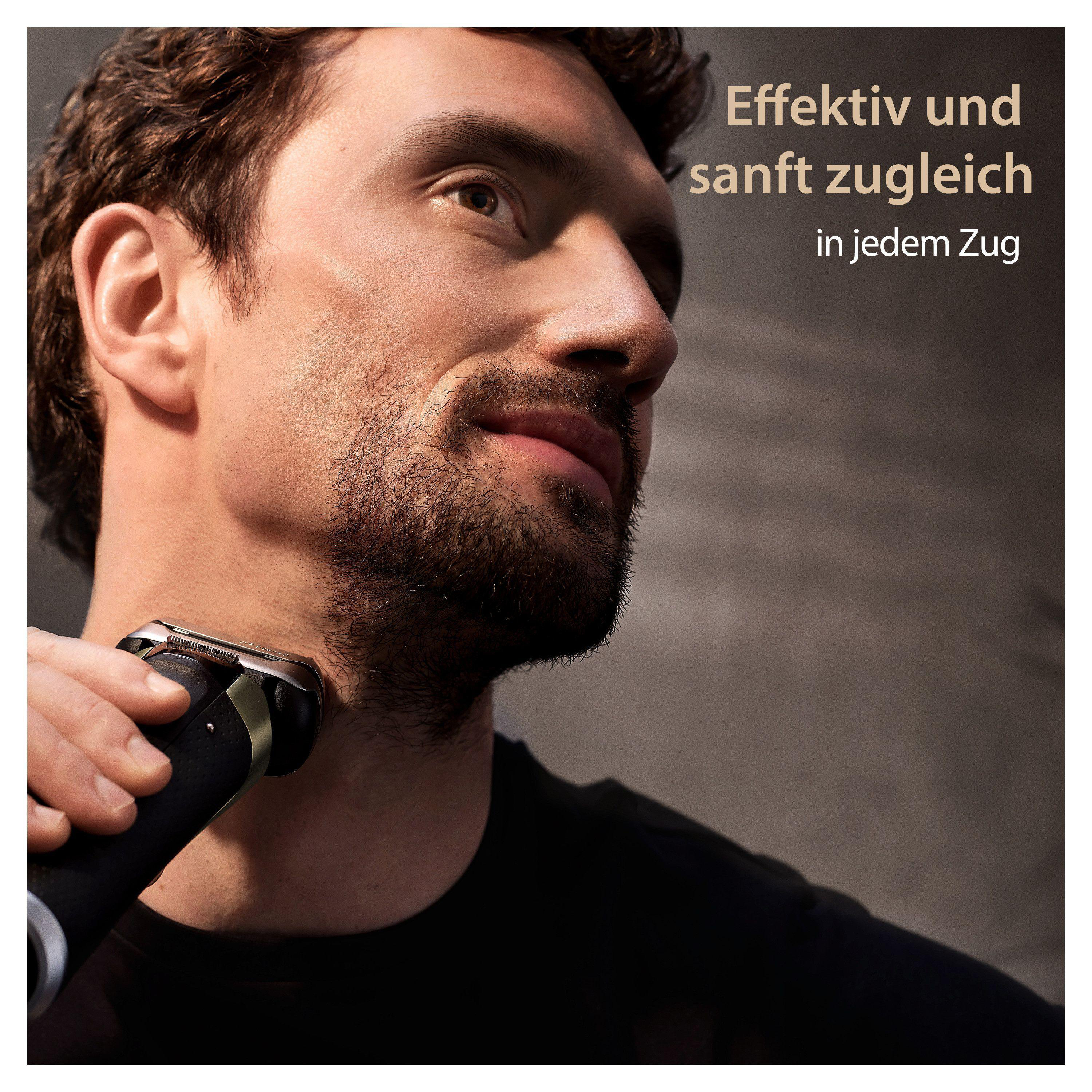 Ein Mann rasiert sich mit einem Elektrorasierer das Gesicht, mit Text auf der rechten Seite des Bildes.