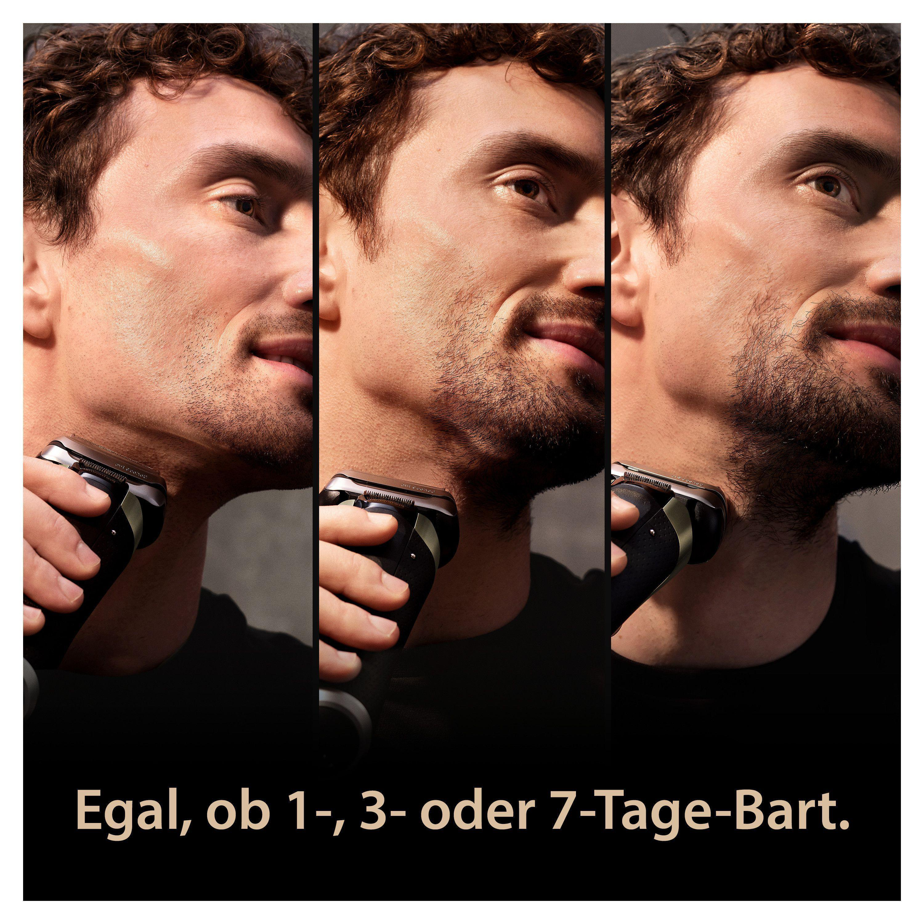 Drei Fotos eines Mannes, der sich rasiert. Die Bilder zeigen die Rasurstufen.