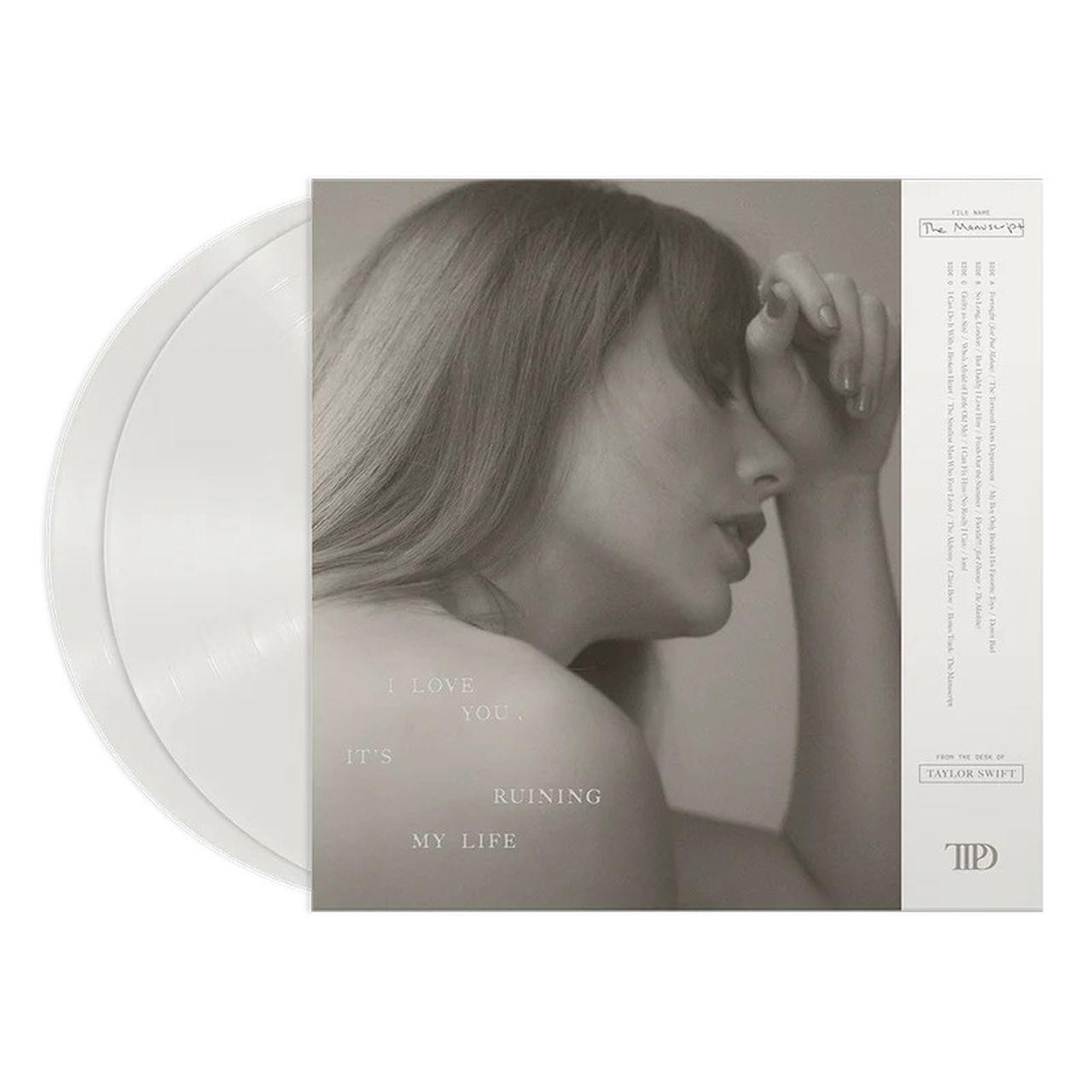 Taylor Swift Vinyl Schallplatte mit Albumcover und Frauenprofil. Das Album ist weiß.