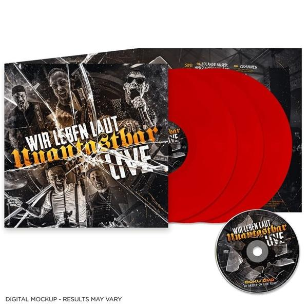 Vinyl-Schallplattenhülle mit Bandmitgliedern, roter Vinyl-Schallplatte und DVD.