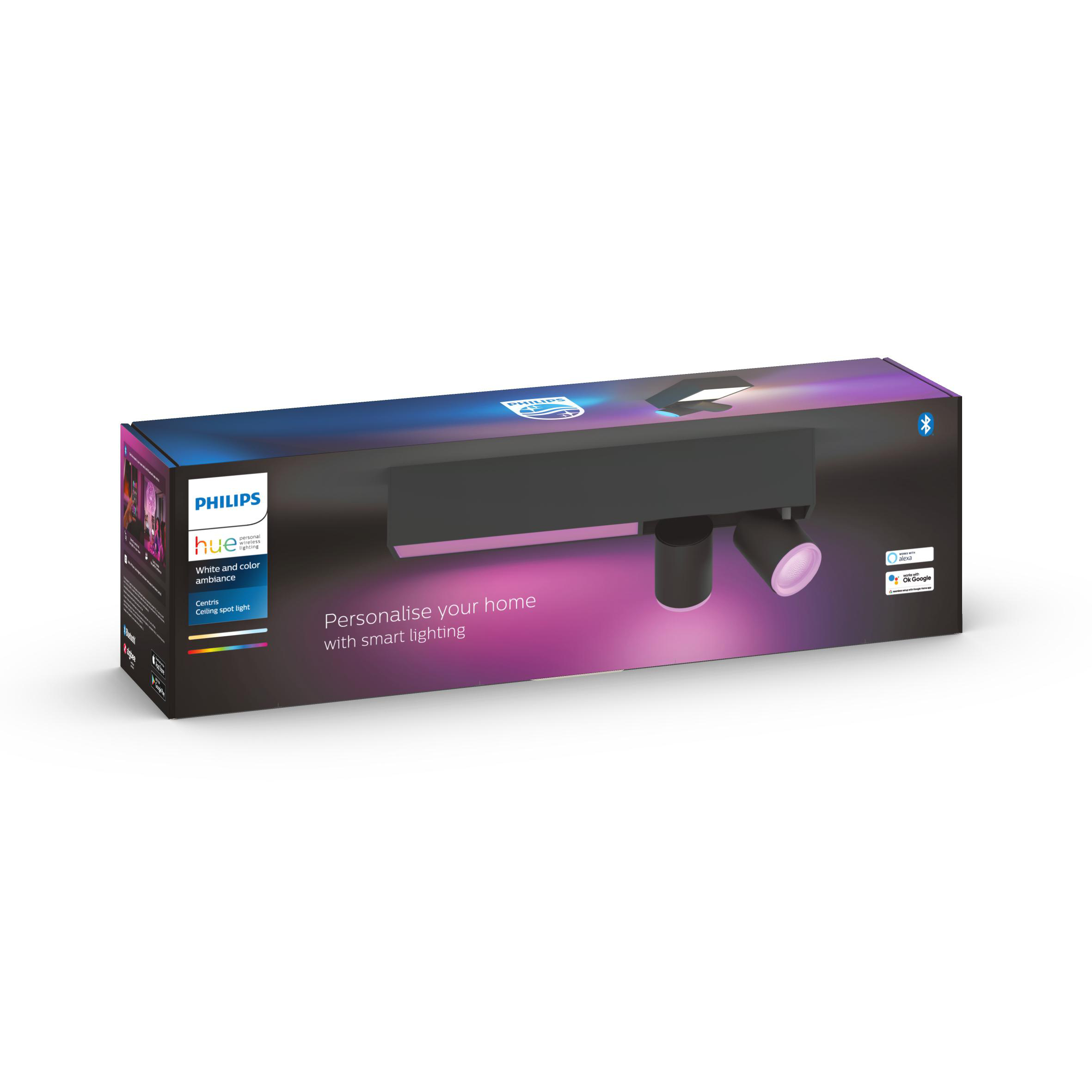 Box mit Smart-Beleuchtung, schwarze Basis mit zwei Strahlern und dem Philips Hue-Logo.