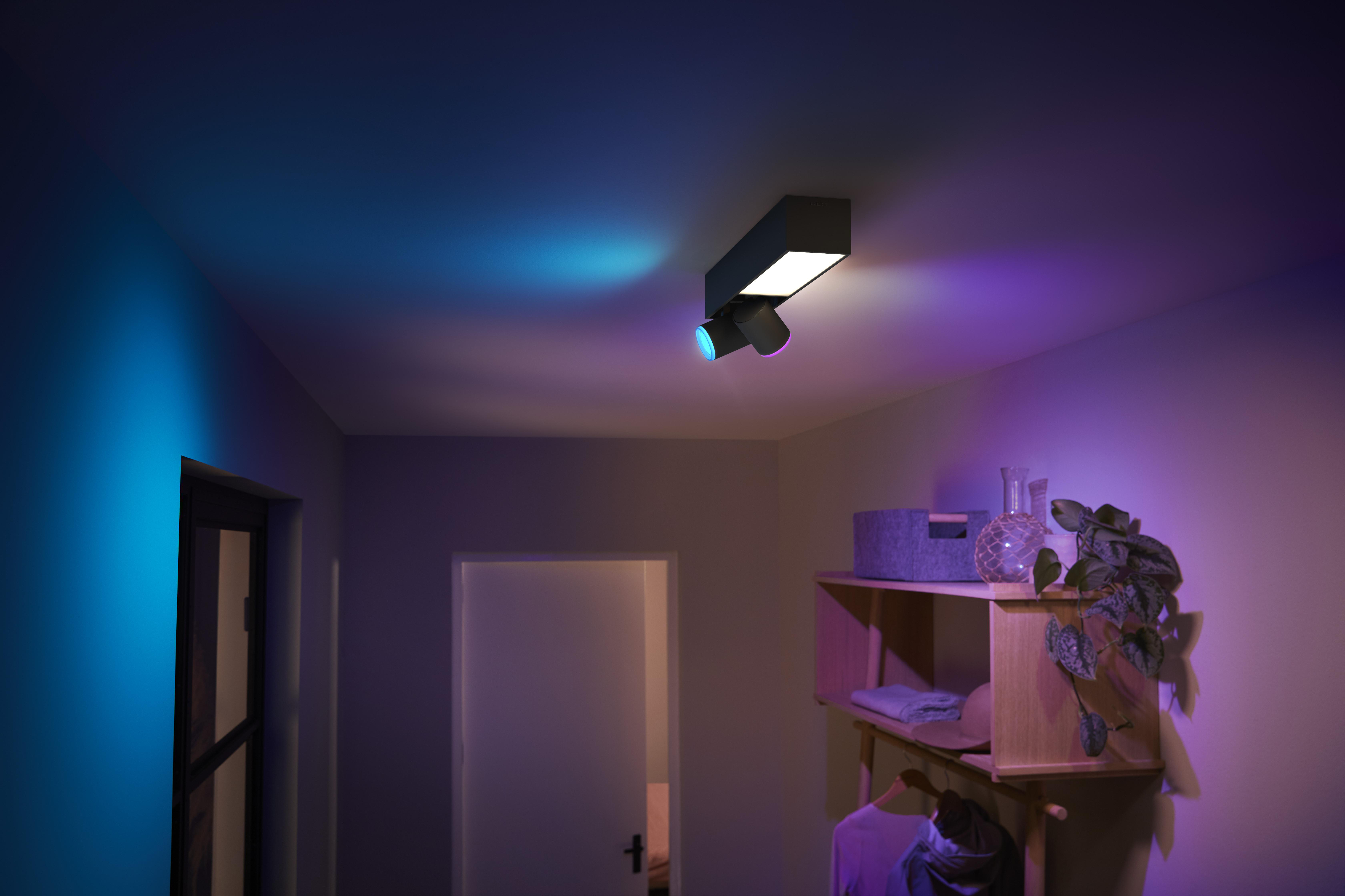 Moderne Deckenleuchte beleuchtet Flur mit blauen und violetten Farbtönen. Regal und Tür sichtbar.
