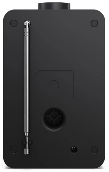 Widok od spodu czarnego radia, pokazujący antenę i porty.