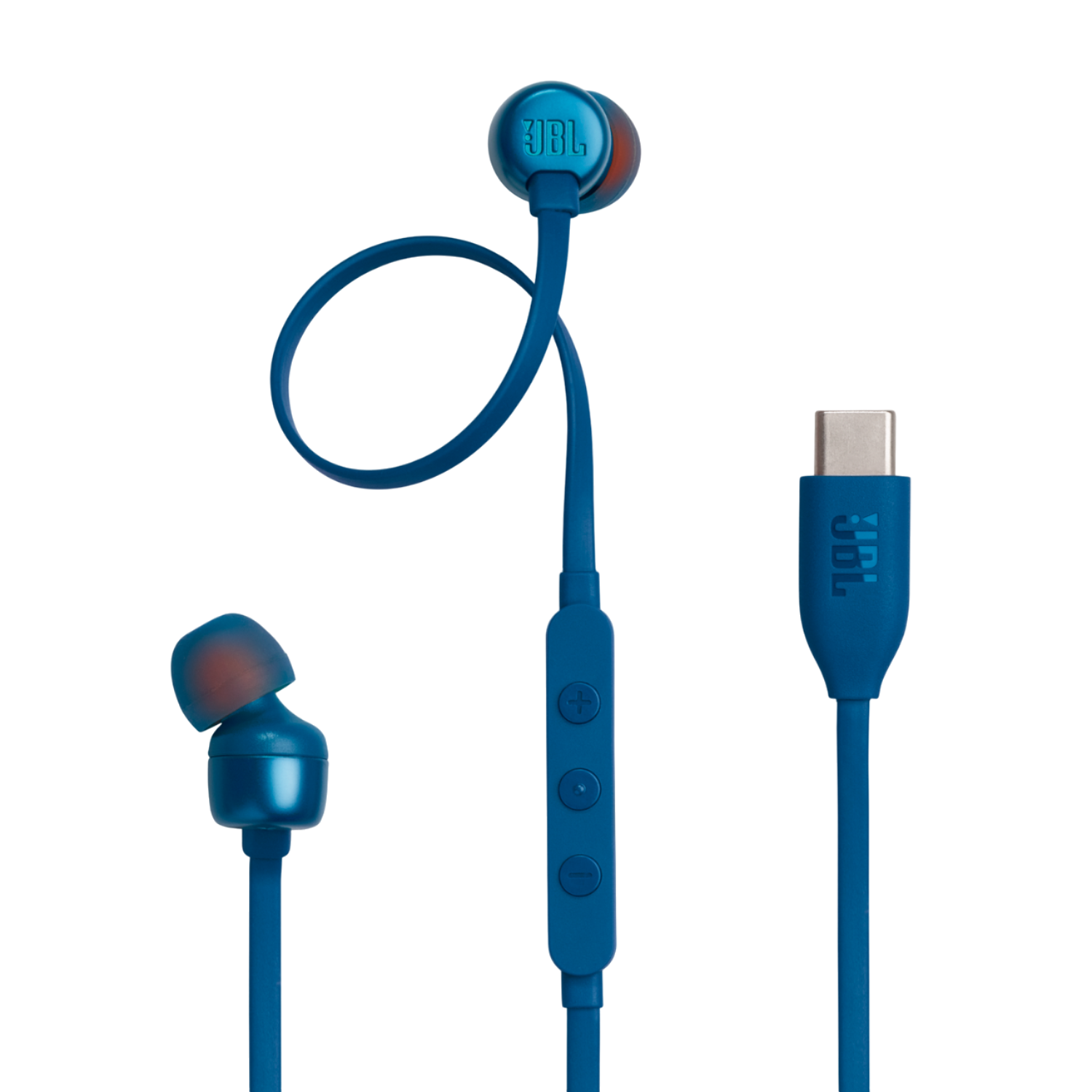 Blue JBL wireless earbuds with a USB-C cable.