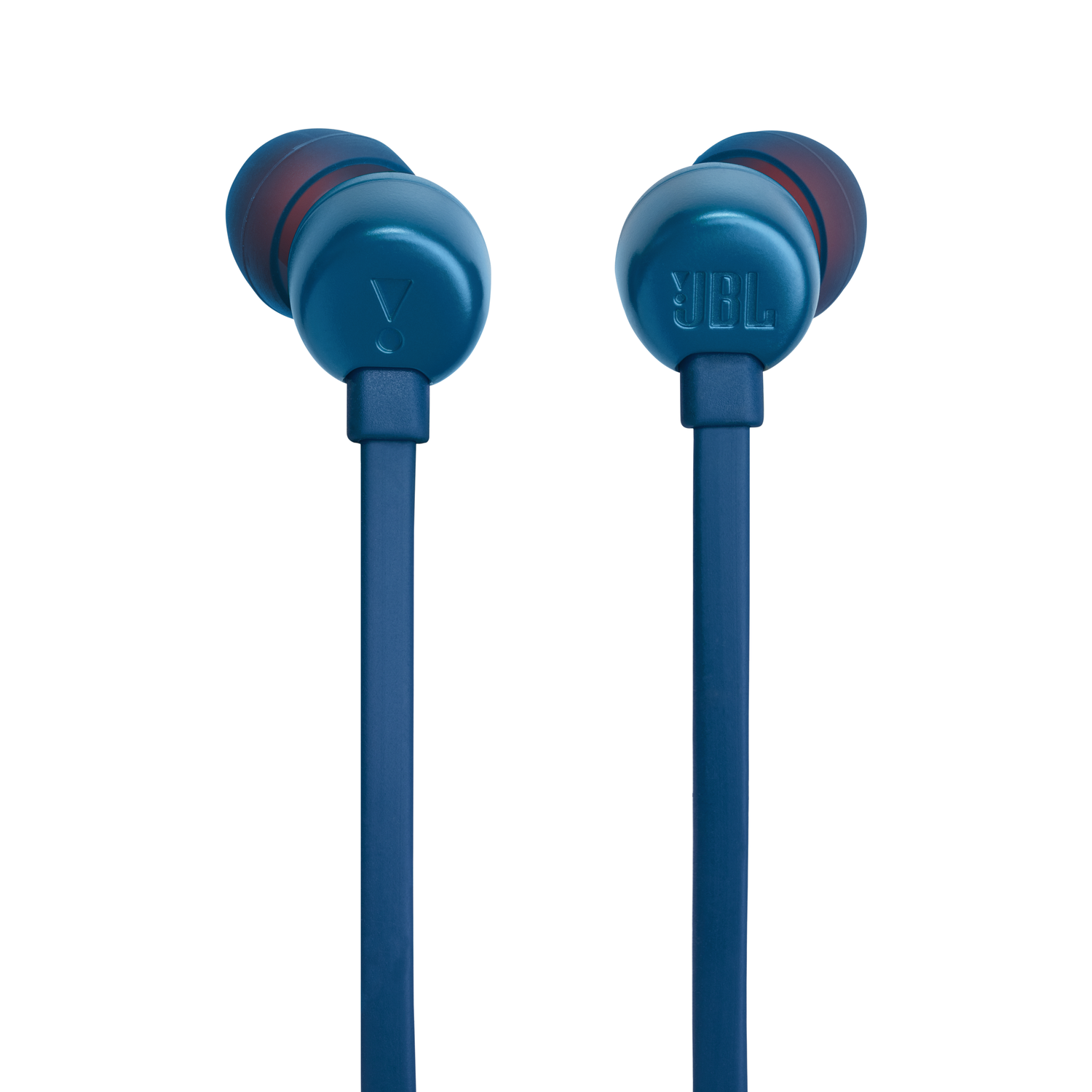 Blue JBL earbuds, with red tips. The cord is also blue. White background.