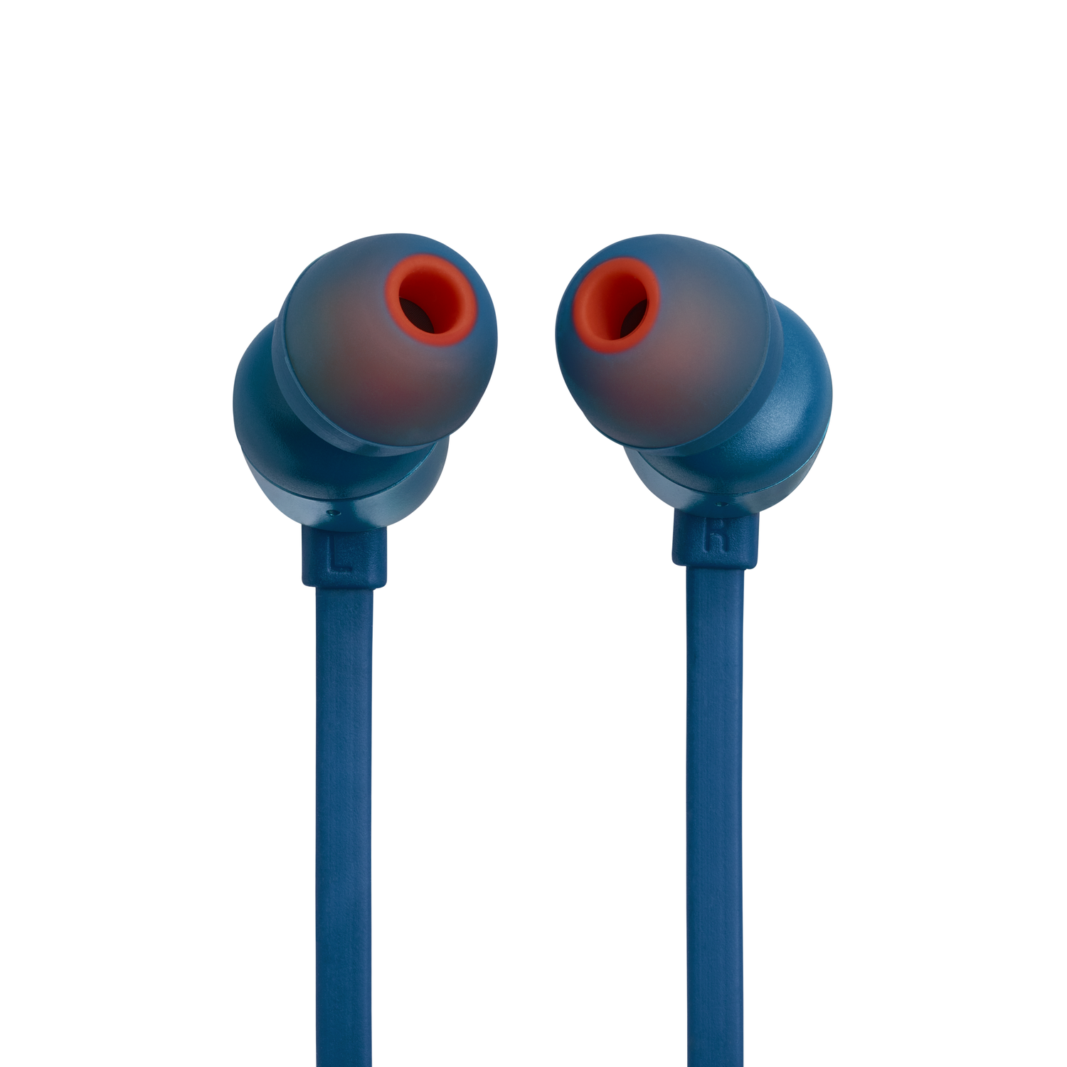 Two blue earbuds with orange ear tips, close up on a white background.