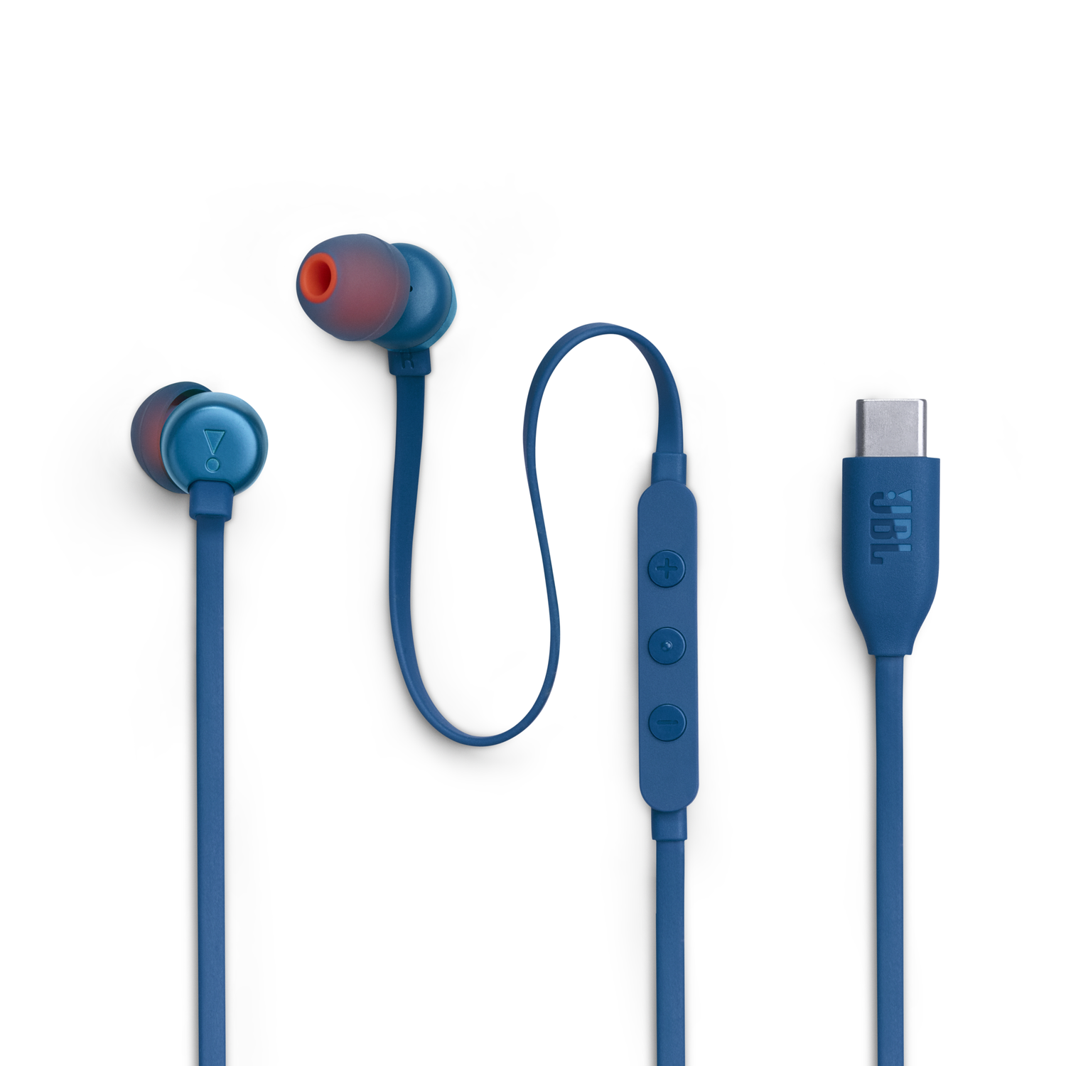 Blue in-ear headphones with orange tips, connected to a blue control module and USB-C plug.