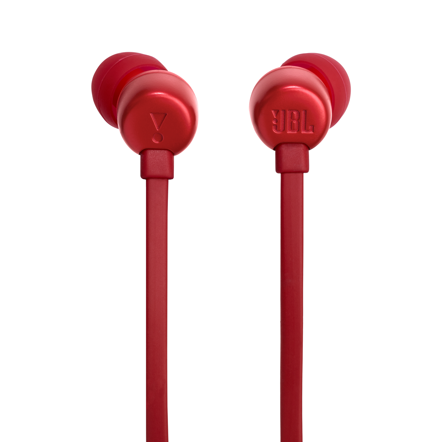 Red JBL in-ear headphones with a white background.
