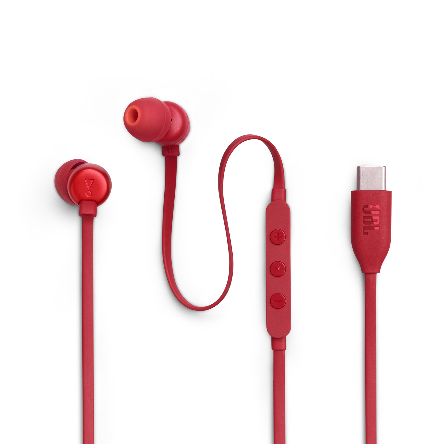 Red JBL earbuds and charging cable on a white background.